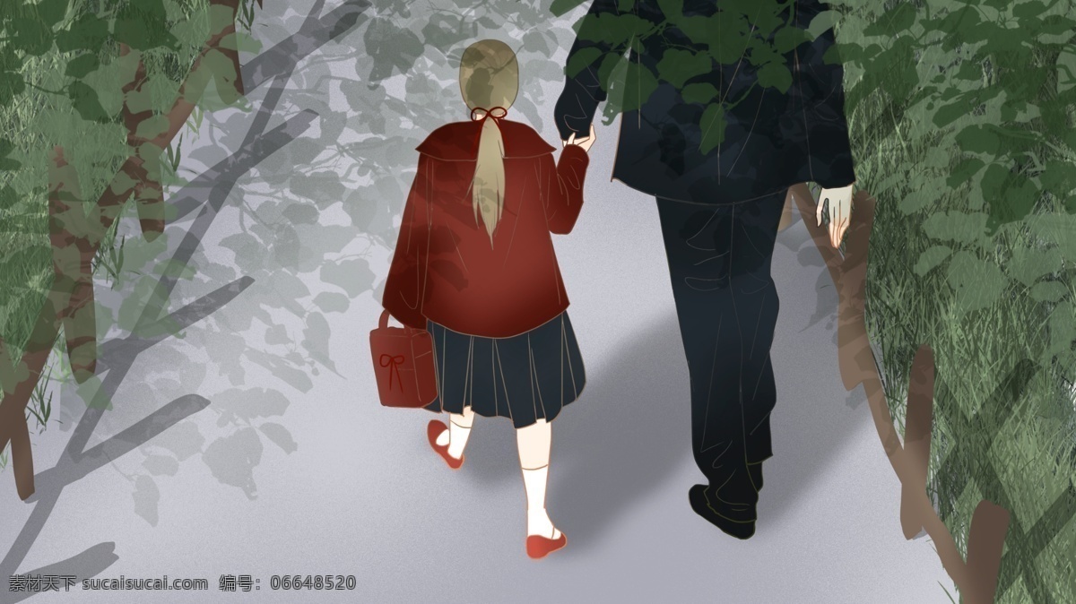 早安 图 清晨 牵 父亲 手 上学 小女孩 女孩 早上