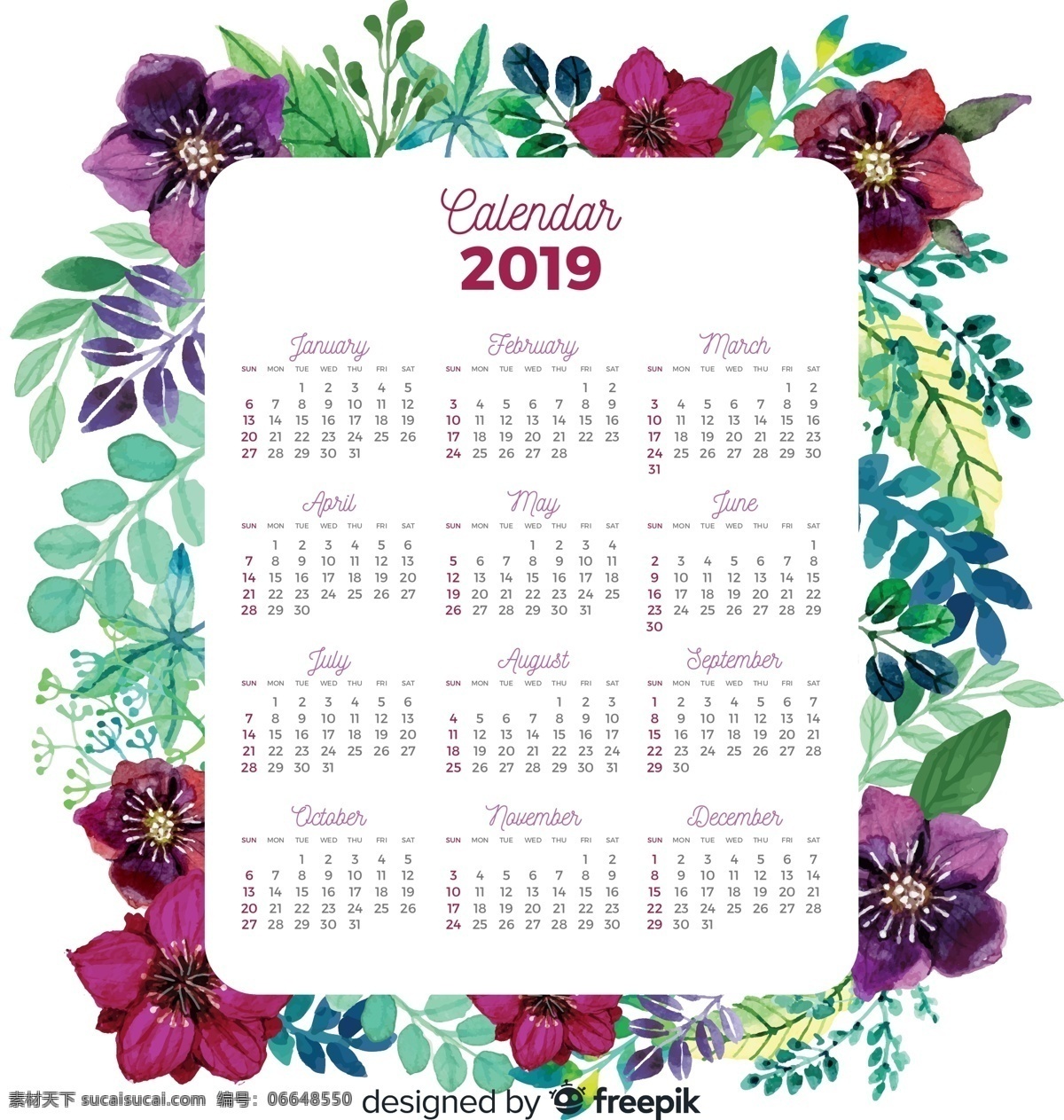 2019 年 彩绘 花卉 边框 年历 2019年 树叶 猪年 节日 生活百科 生活用品