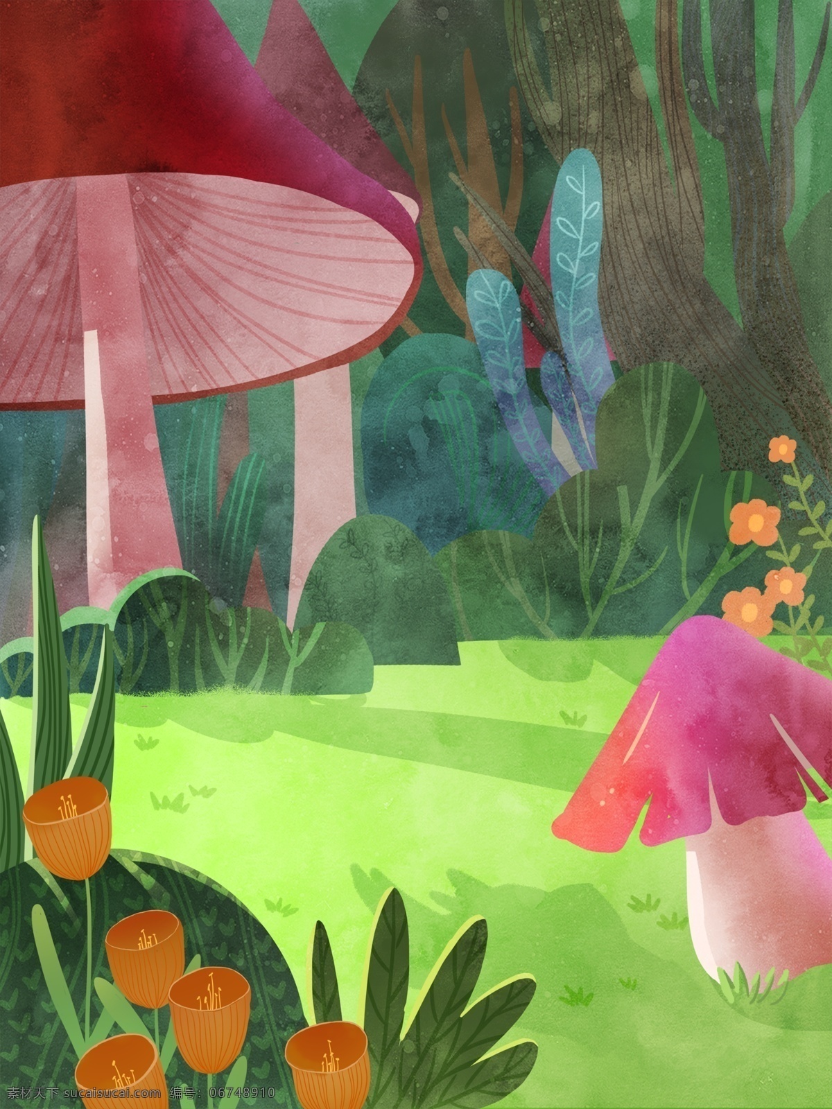 卡通 春天 树林 背景 蘑菇 彩色 创意 装饰 设计背景 海报背景 简约 图案