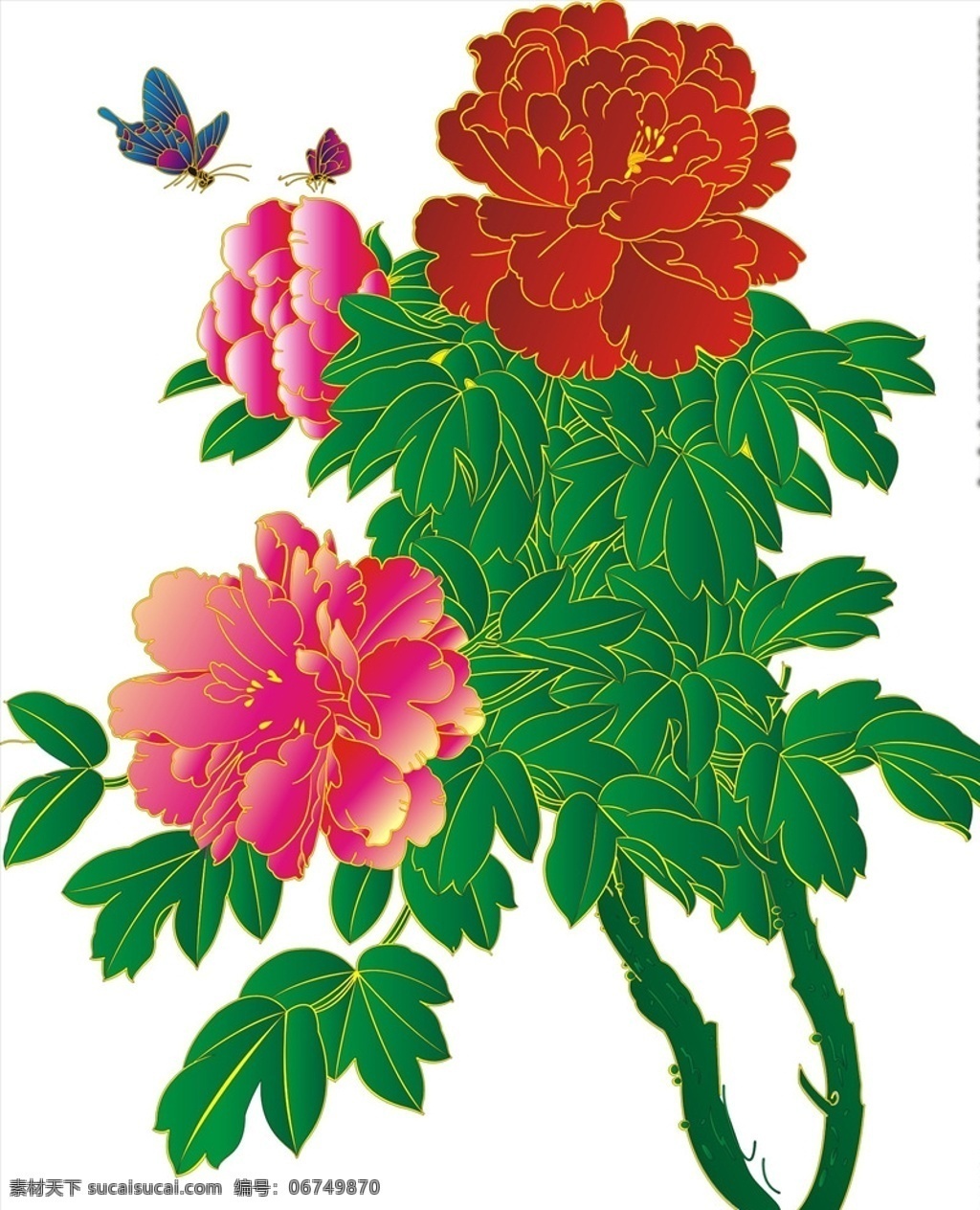 牡丹 矢量图 花草图 红色花 蝴蝶