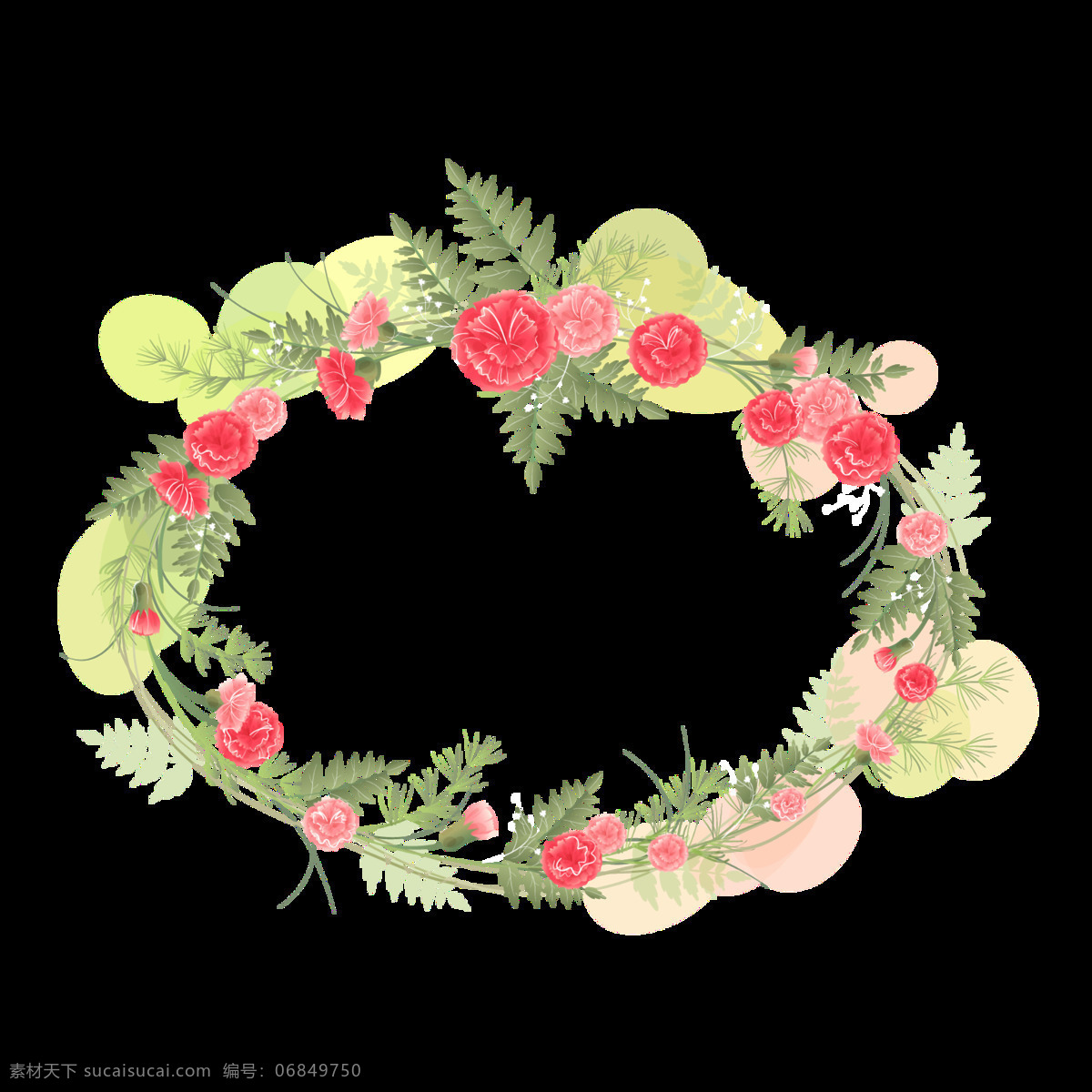 清新 深 粉色 手绘 花环 装饰 元素 粉色花朵 花瓣 花环图案 深绿色树叶 圆形花环
