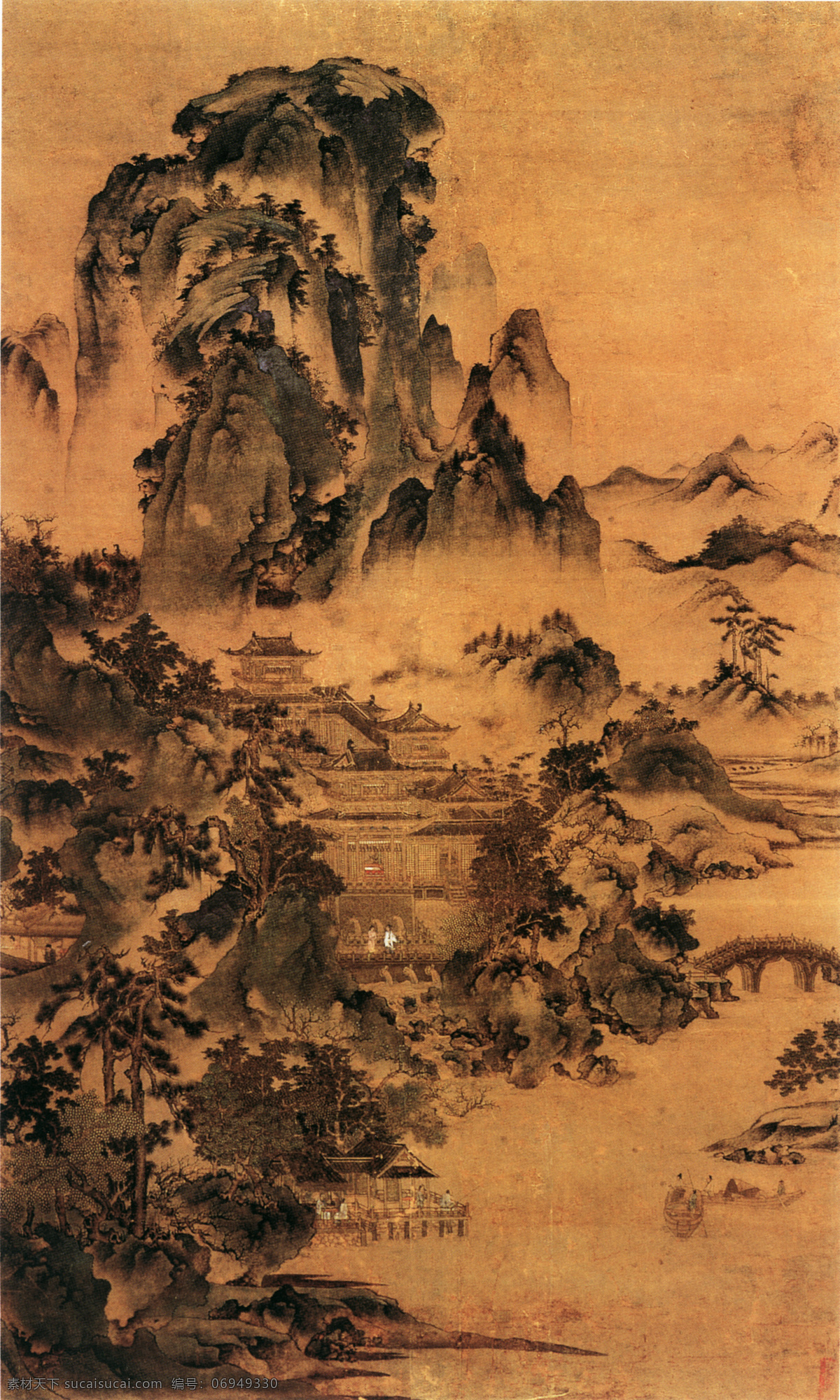 青山画阁图 山水画 中国 古画 中国古画 设计素材 山水名画 古典藏画 书画美术 棕色