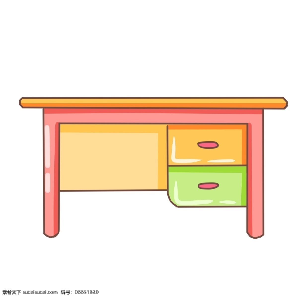 手绘 学习 课桌 插画 卡通插画 手绘桌子插画 创意家具插画 红色的课桌 绿色的抽屉 学习的课桌