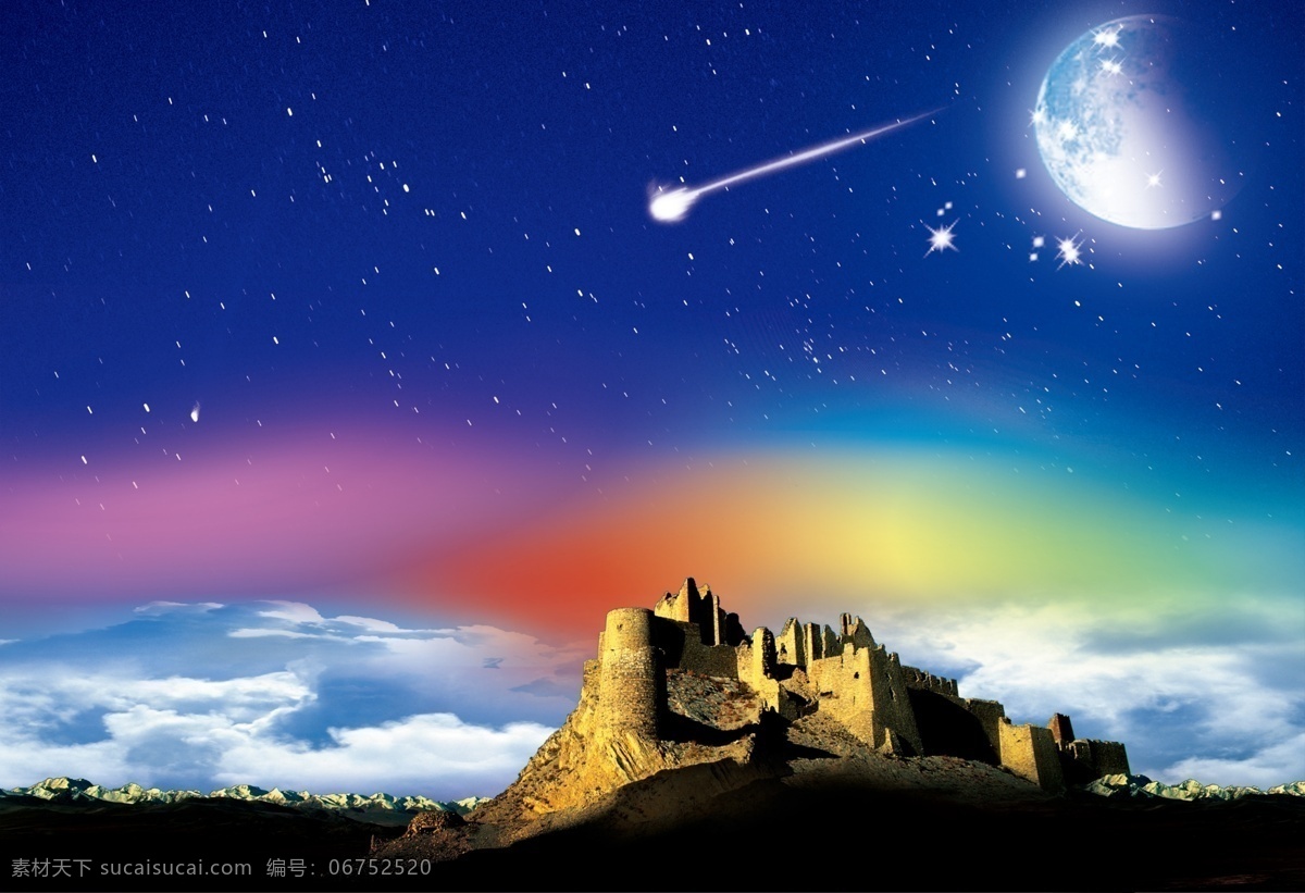 风景背景图 夜空 月亮 流星 古堡 极光 星空壁纸 星空背景图 流星划过 宣传背景类 自然景观 自然风光