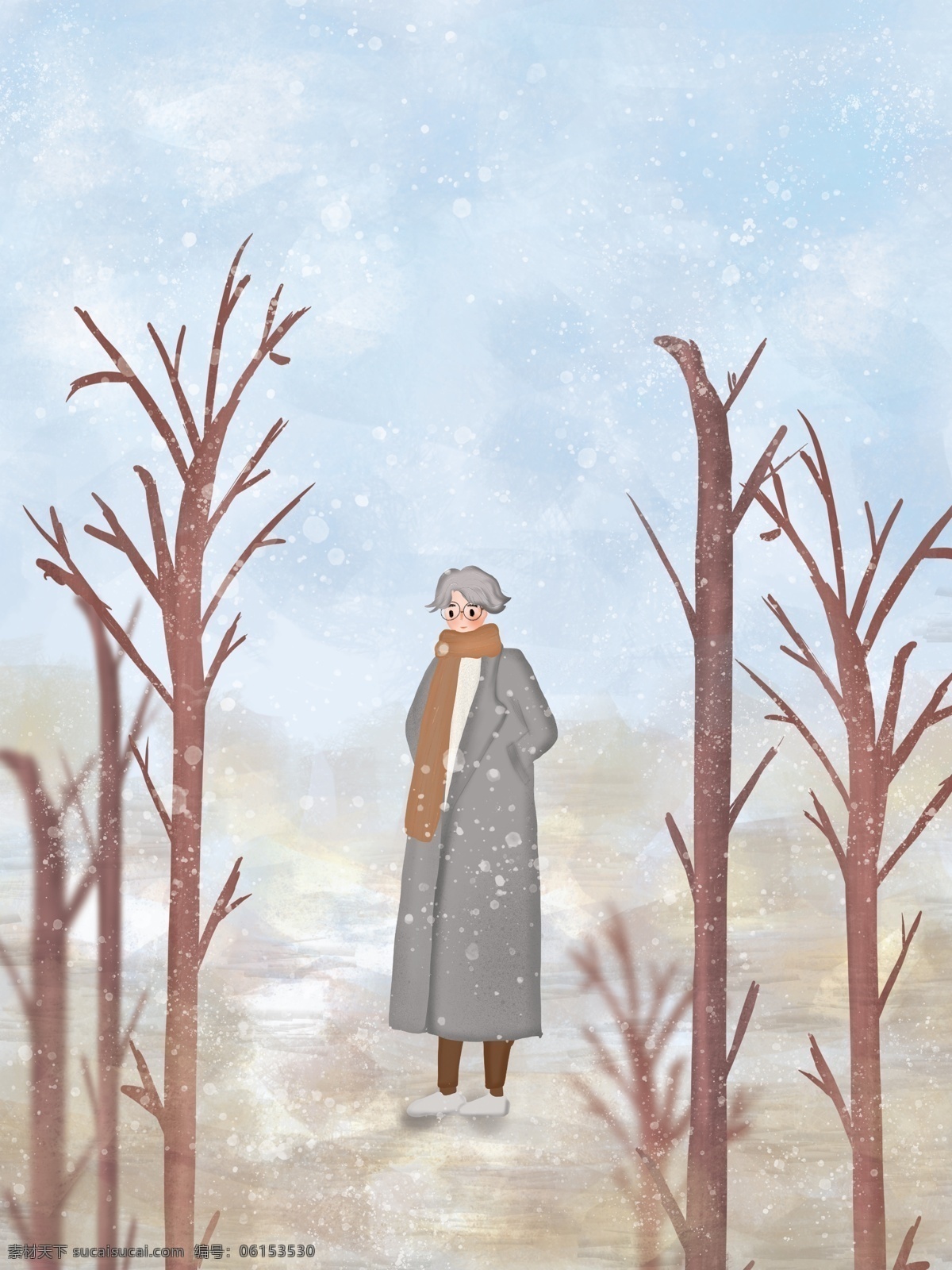 手绘 枯树 下 女孩 大寒 节气 背景 雪花 背景设计 广告背景 背景素材 传统节气 二十四节气 大寒背景