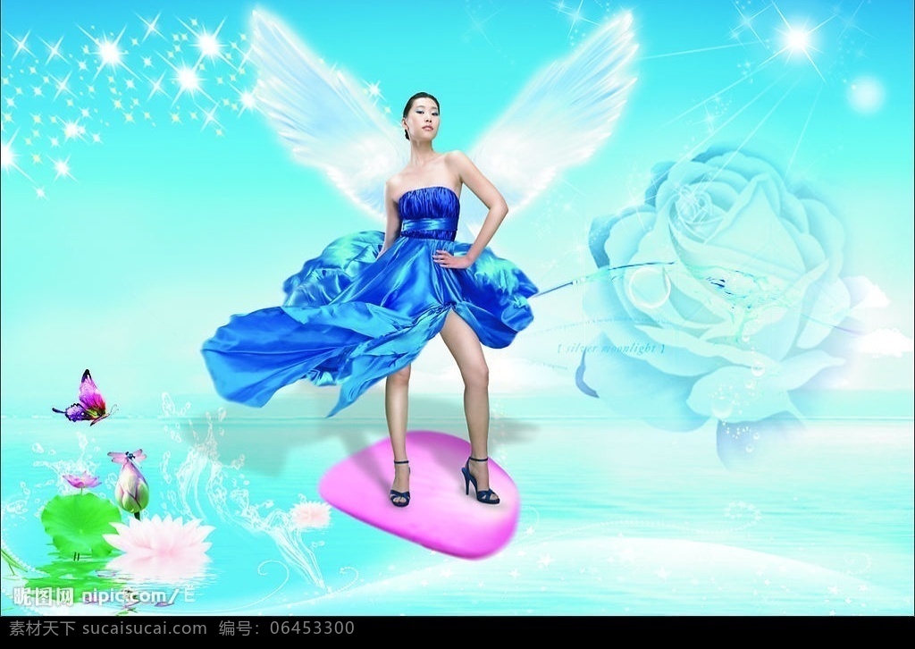 蓝 裙 美女 广告设计素材 裙摆飞扬 蓝色背景 荷花 水珠 星星 荷叶 蝴蝶 玫瑰 翅膀 矢量图库