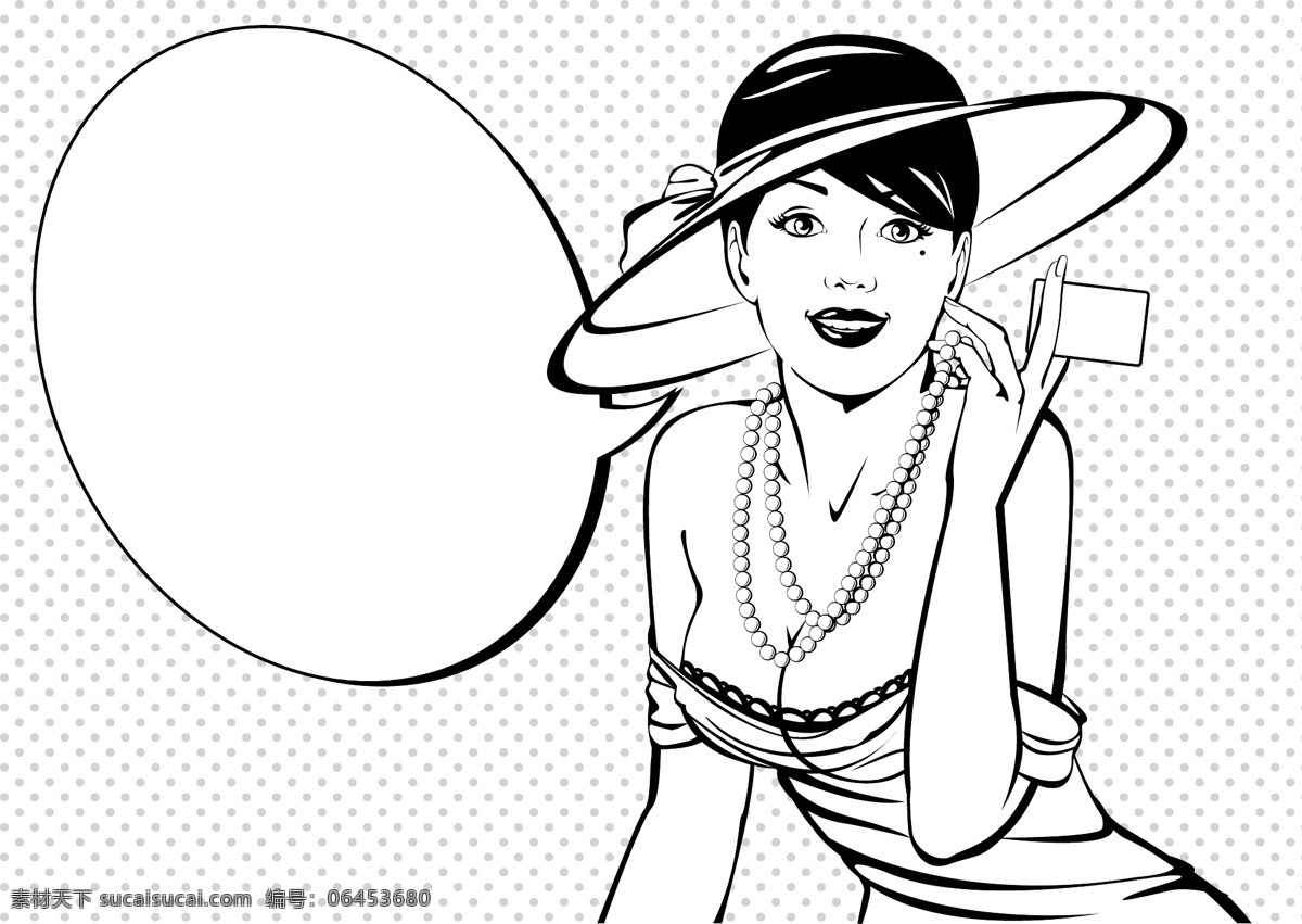 手绘 黑白 性感 女人 插画 对话框 帽子 人物