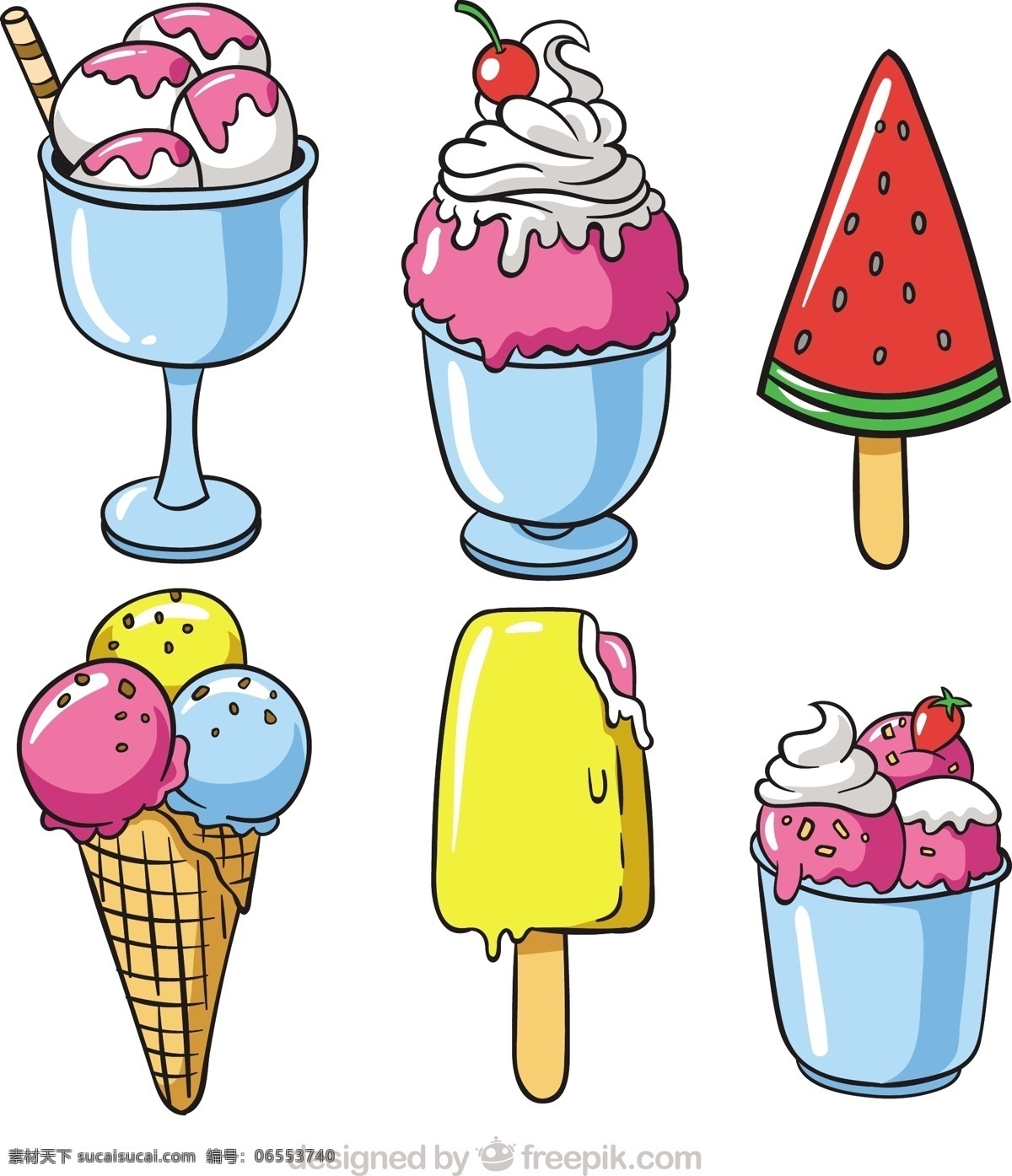 手绘 选择 开胃 夏季 甜品 食物方面 夏天 冰淇淋 颜色 冰 甜 甜点 吃 季节 绘制粗略 锥 美味的选择 味道