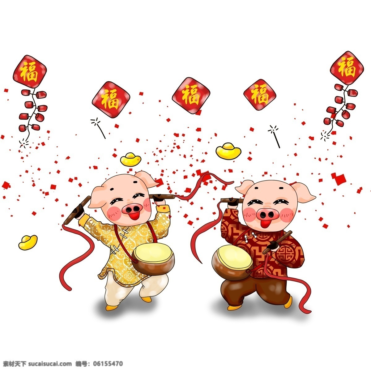 新年 卡通 手绘 厚 涂 猪年 喜庆 打鼓 插画 元素 中国风 红色 厚涂 鞭炮 欢喜 免抠 透明底 实用 矢量