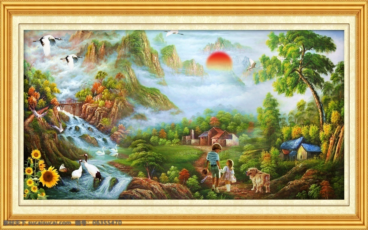 油画风景 中堂画 油画 壁画 风景壁画 风景山水壁画 山水画 瀑布 山水风景 瀑布风景 山水 风景画 自然风景 风景 客厅画 大厅画 风水画 家居装饰画 室内装饰画 室内装饰 休闲场所装饰 画框 相框 镜框 边框 山水挂画 山水壁挂 大树 天鹅 小屋飞鸟 太阳 雪山 湖光山色 蓝天 白云 仙鹤 中堂壁画 分层 源文件