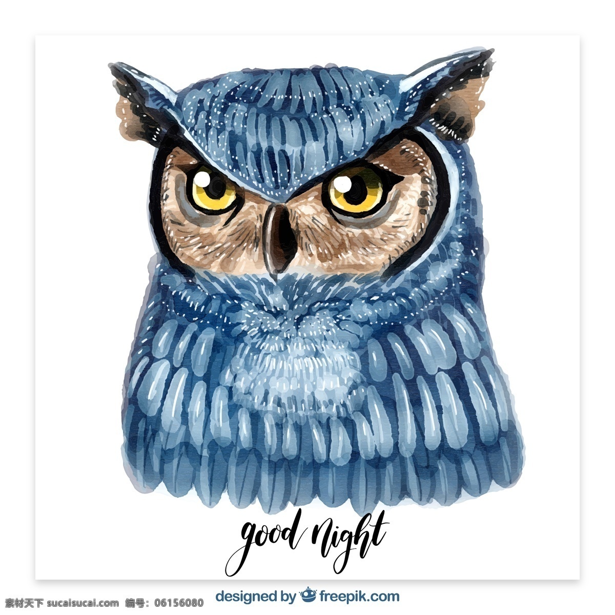 水彩 蓝色 猫头鹰 动物 晚安 矢量 高清图片