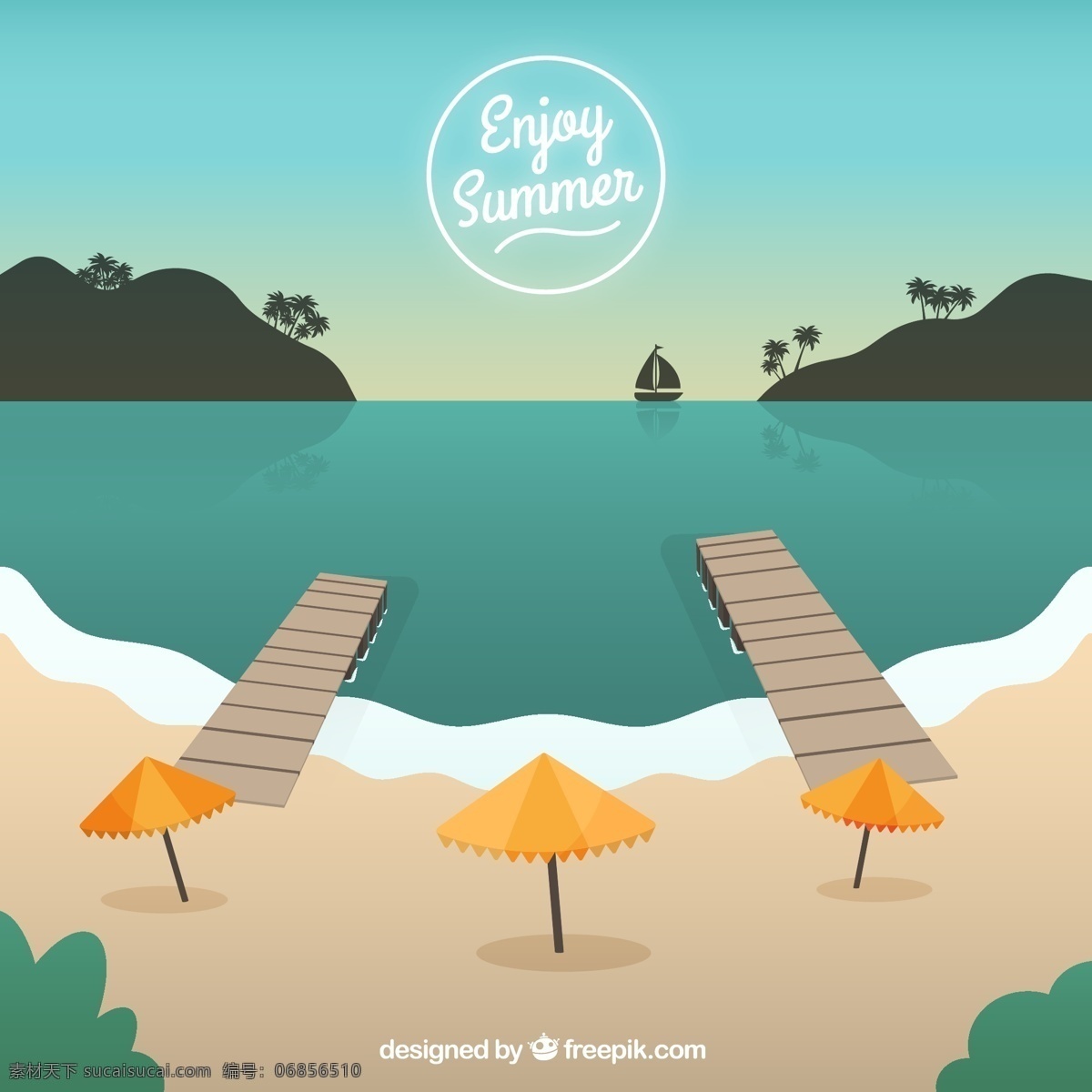 夏日 沙滩 插画 矢量图 帆船 椰树 岛屿 度假 木桥 遮阳伞 大海 夏季 青色 天蓝色