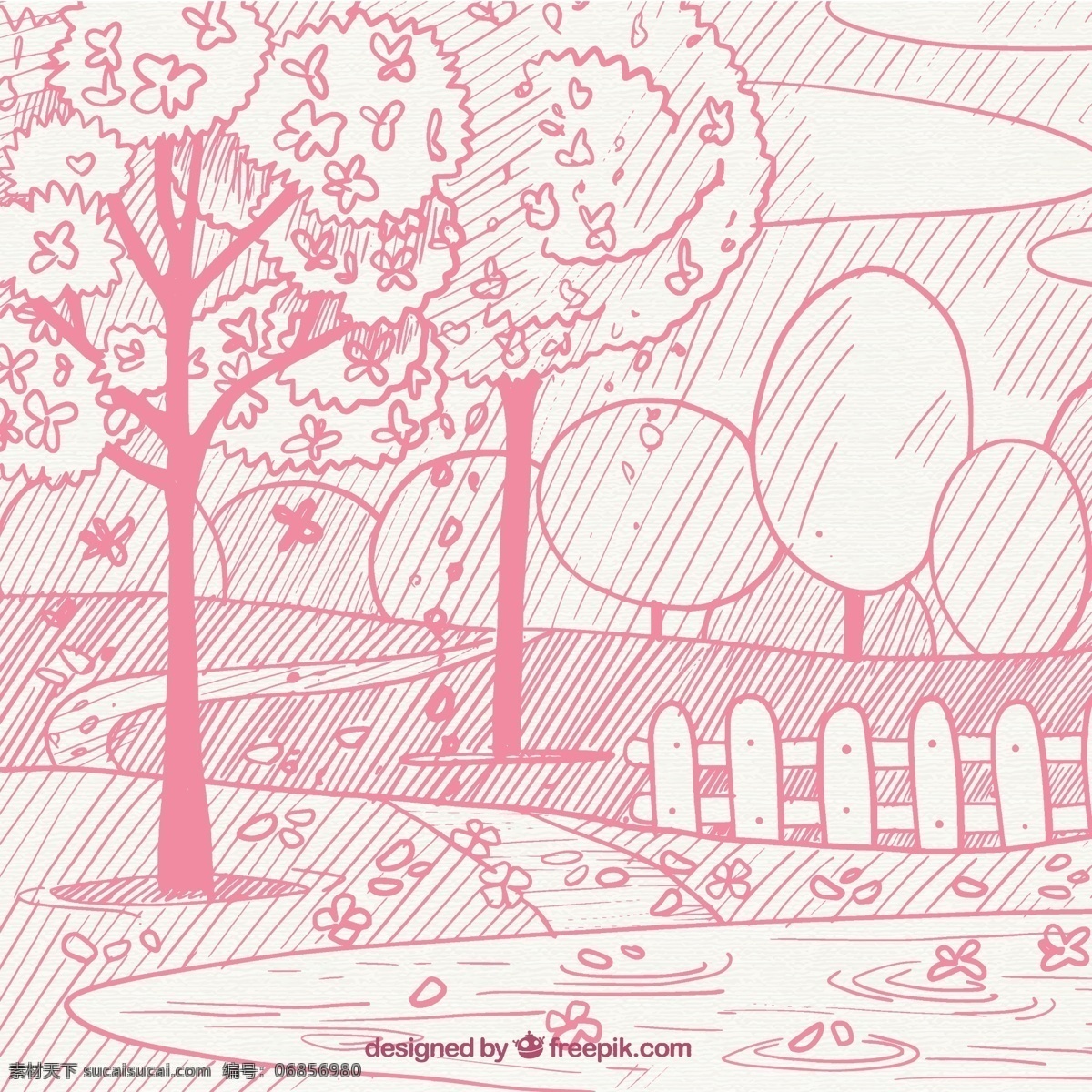 粉色 春天 风景 素描 背景 花卉 树木 手 自然 花卉背景 粉红色 手绘 景观 植物 绘画 自然背景 开花