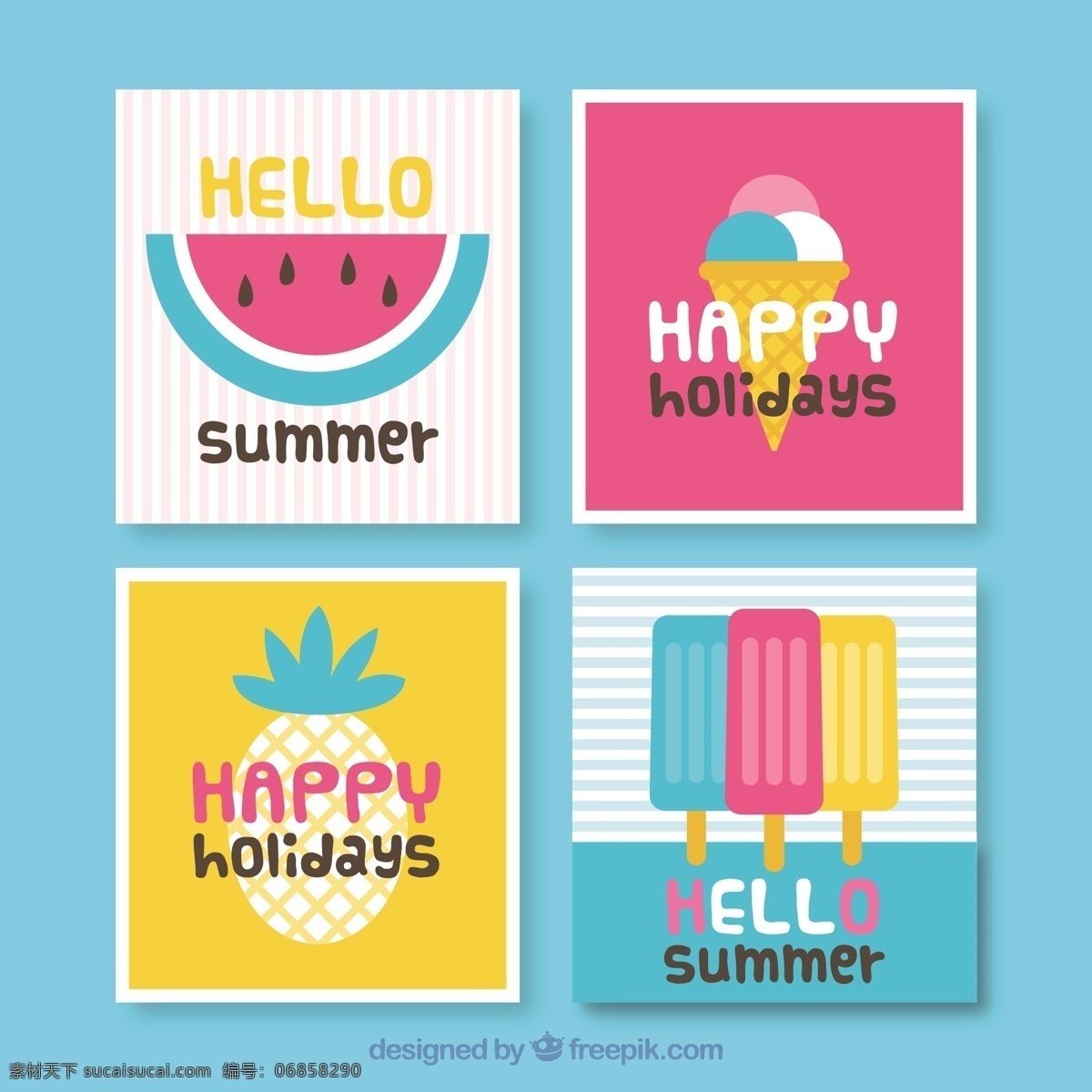 夏季 装饰 卡片 收藏 采购产品卡片 夏天 模板 水果 冰淇淋 颜色 假日 平坦 冰 平面设计 菠萝 度假 印刷 奶油 季节 节日卡片