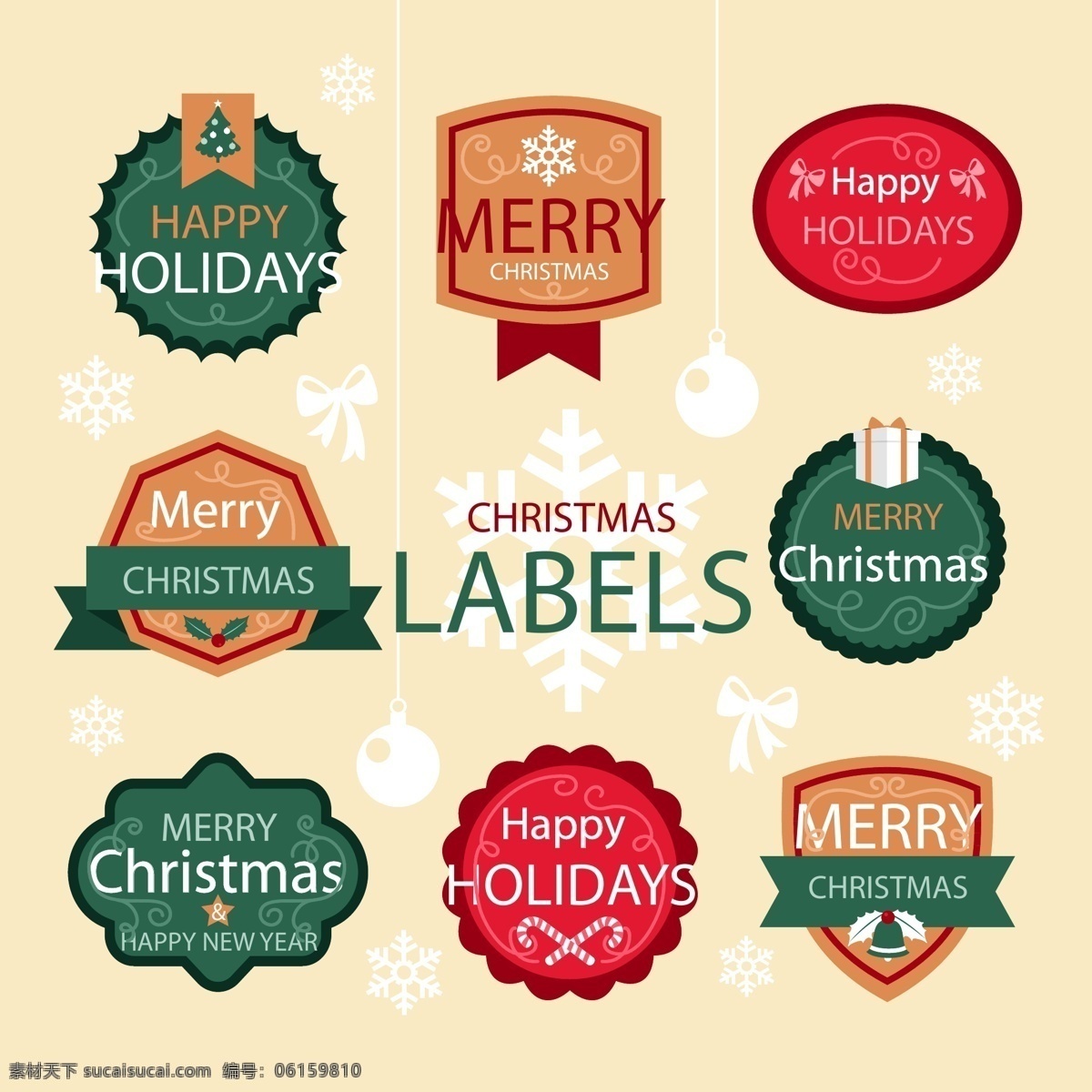 经典 颜色 圣诞 标签 英文 圣诞节 矢量素材 圣诞色 节日标签 ai素材