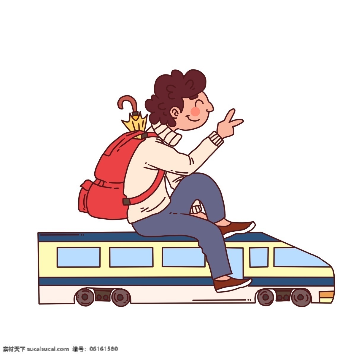 手绘 坐 火车 人物 插画 手绘人物 剪刀手 春运 坐火车人物 手绘火车 红色背包 双肩包插画