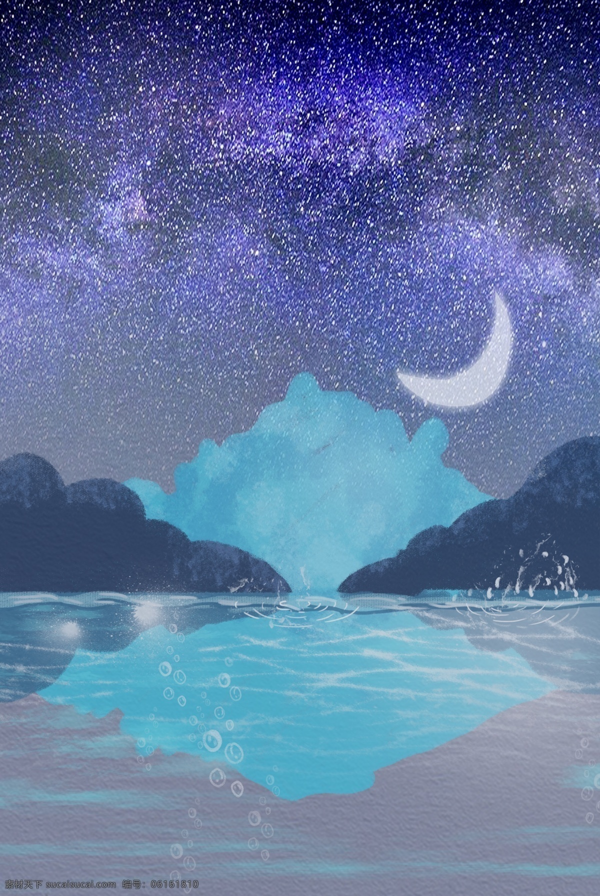 梦幻 清新 紫色 山水 月亮 背景 山 湖水 倒影 夜晚
