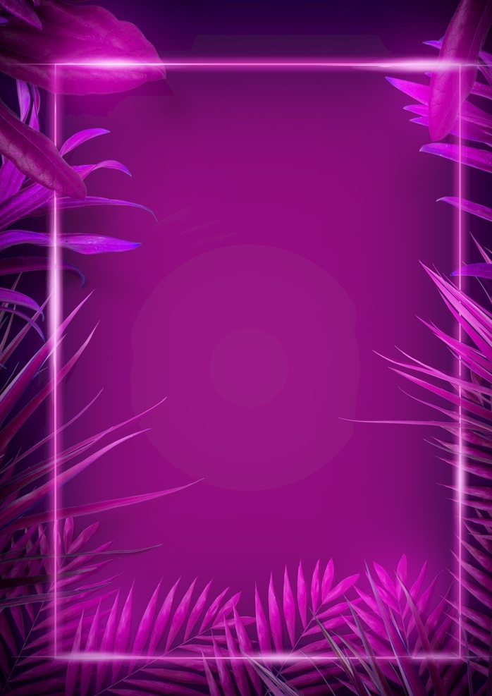 霓虹 发光 热带 植物 方框 光线 背景图片 立体背景 曲线 空间 立体 线条 背景 曲线线条 热带植物 霓虹灯 树叶 紫色 蓝色 花纹 免 抠 图