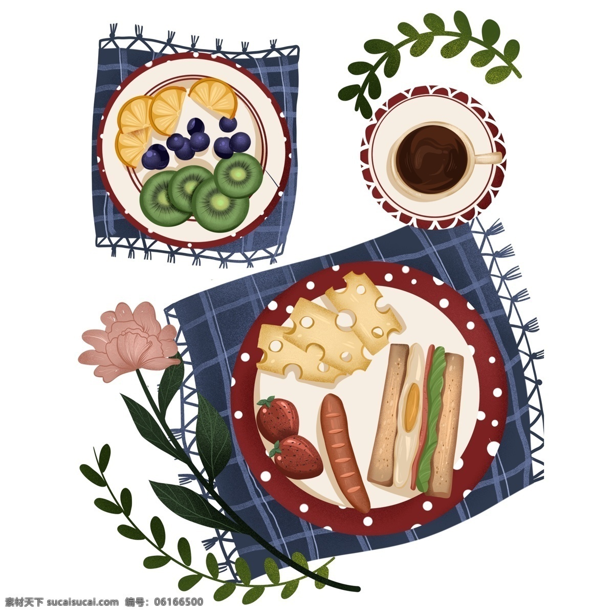 手绘 格子布 上方 美食 元素 盘子上的美食 美食元素 设计元素 花朵 餐桌布
