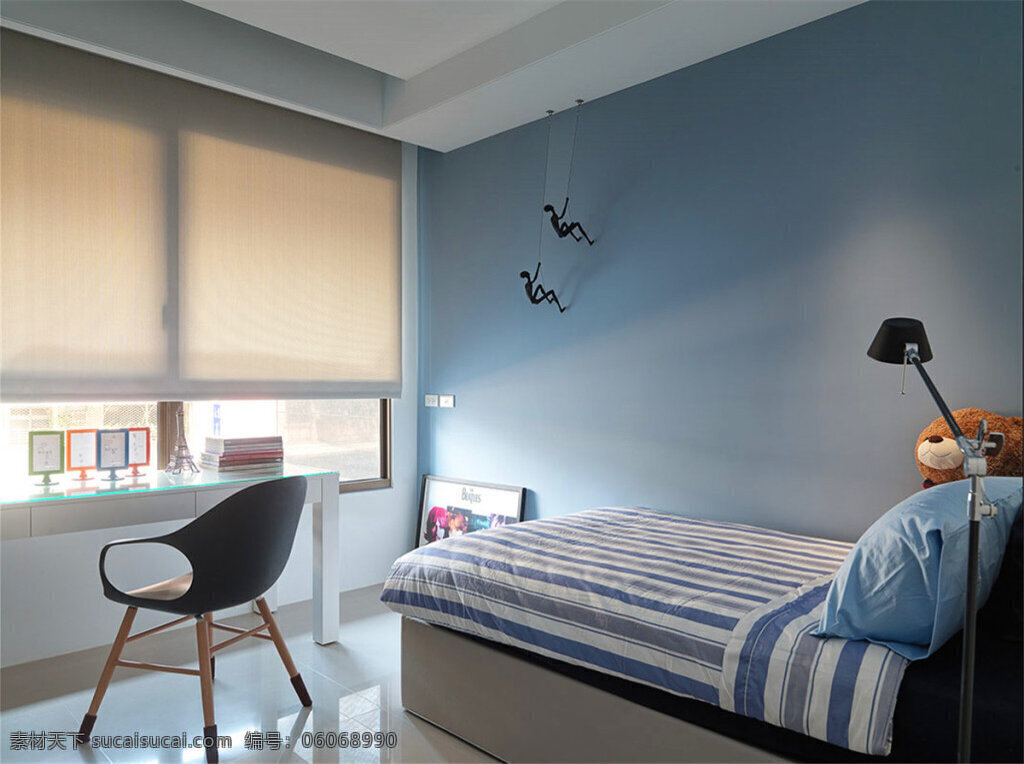 海洋 清新 客厅 浅蓝色 背景 墙 卧室 室内装修 图 蓝色背景墙 卧室装修 条纹床品 瓷砖地板
