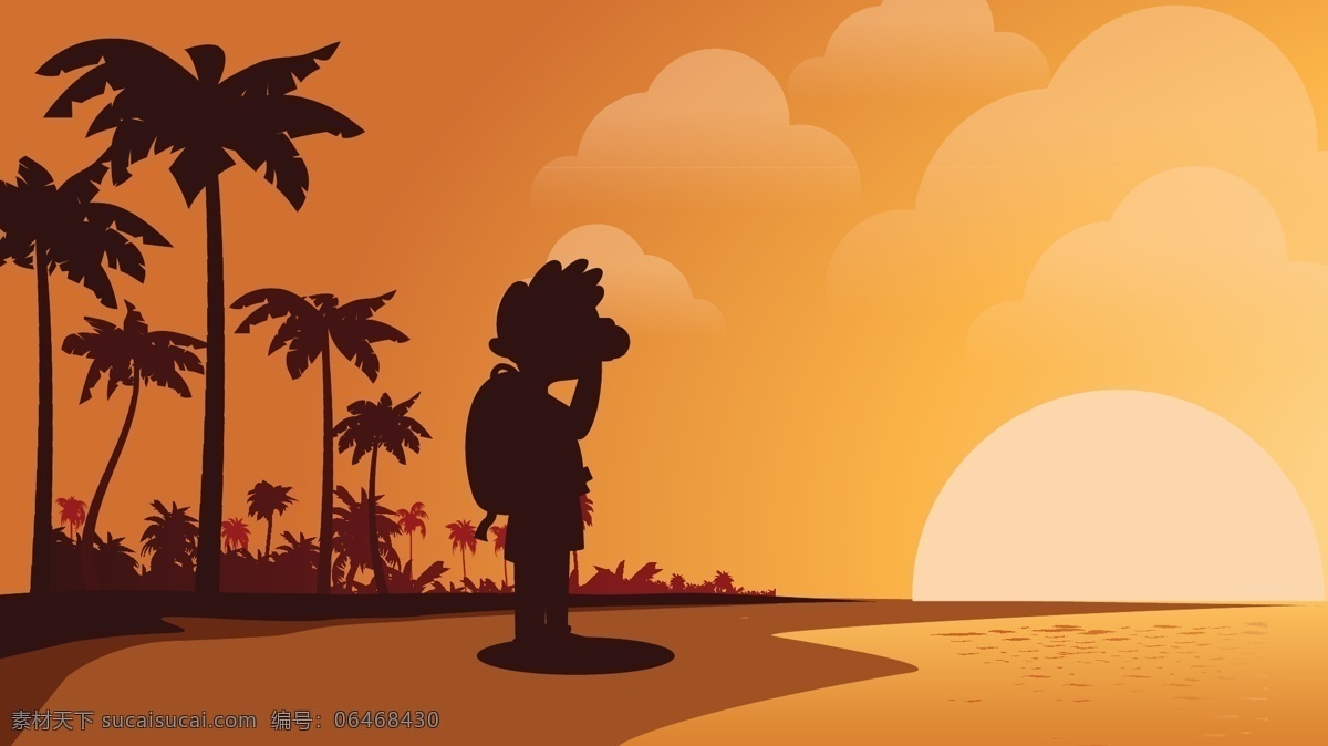 旅游 卡通 人物 插画 黄色背景 沙滩 剪影