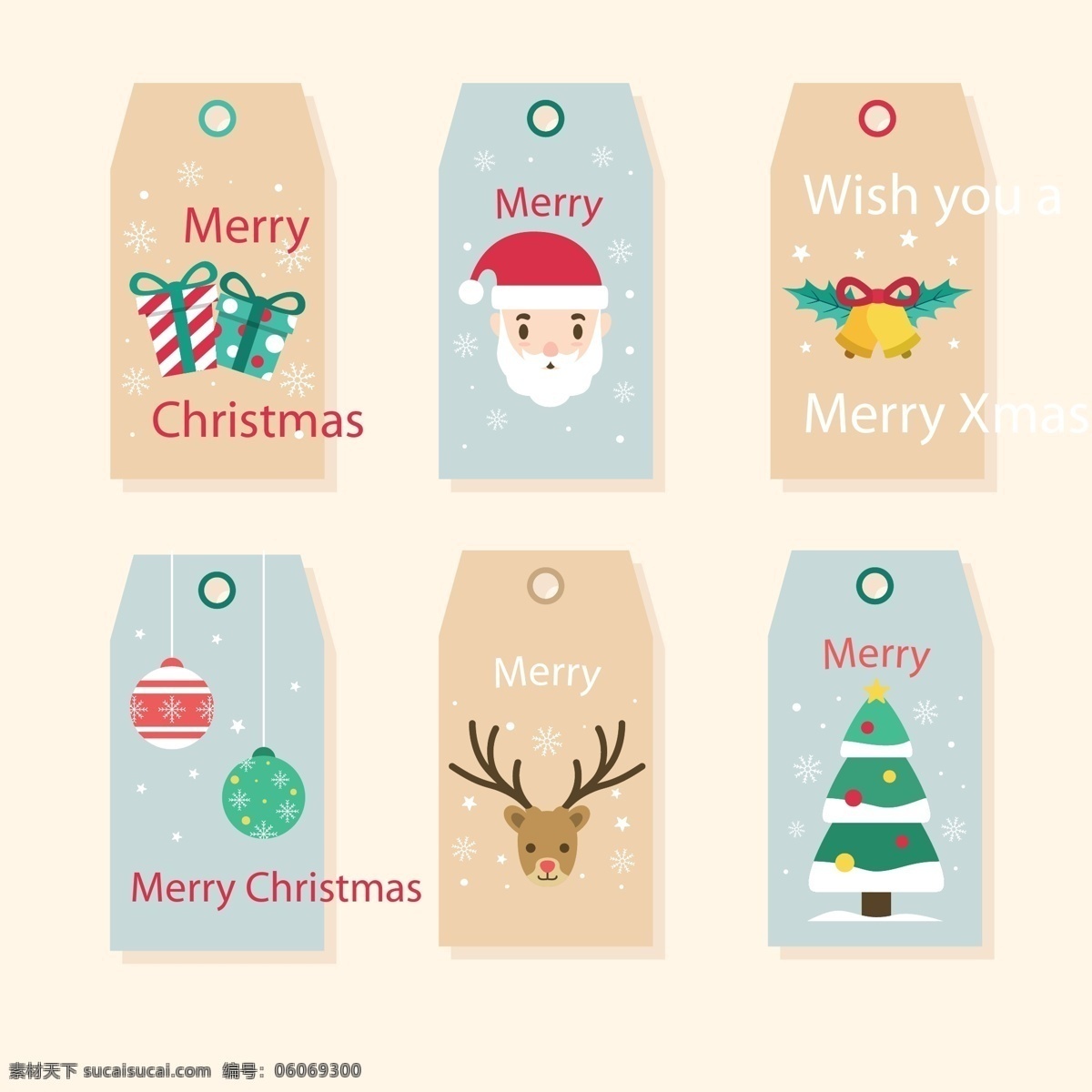 彩色 可爱 圣诞节 标签 礼物 圣诞树 矢量素材 圣诞老人 驯鹿 铃铛