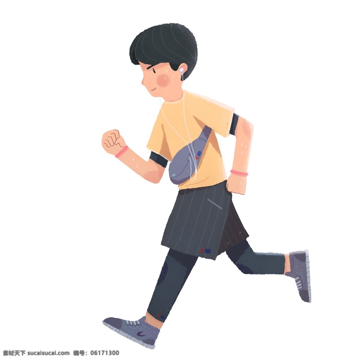 卡通 可爱 听 音乐 健身 少年 人物 跑步 运动 男孩