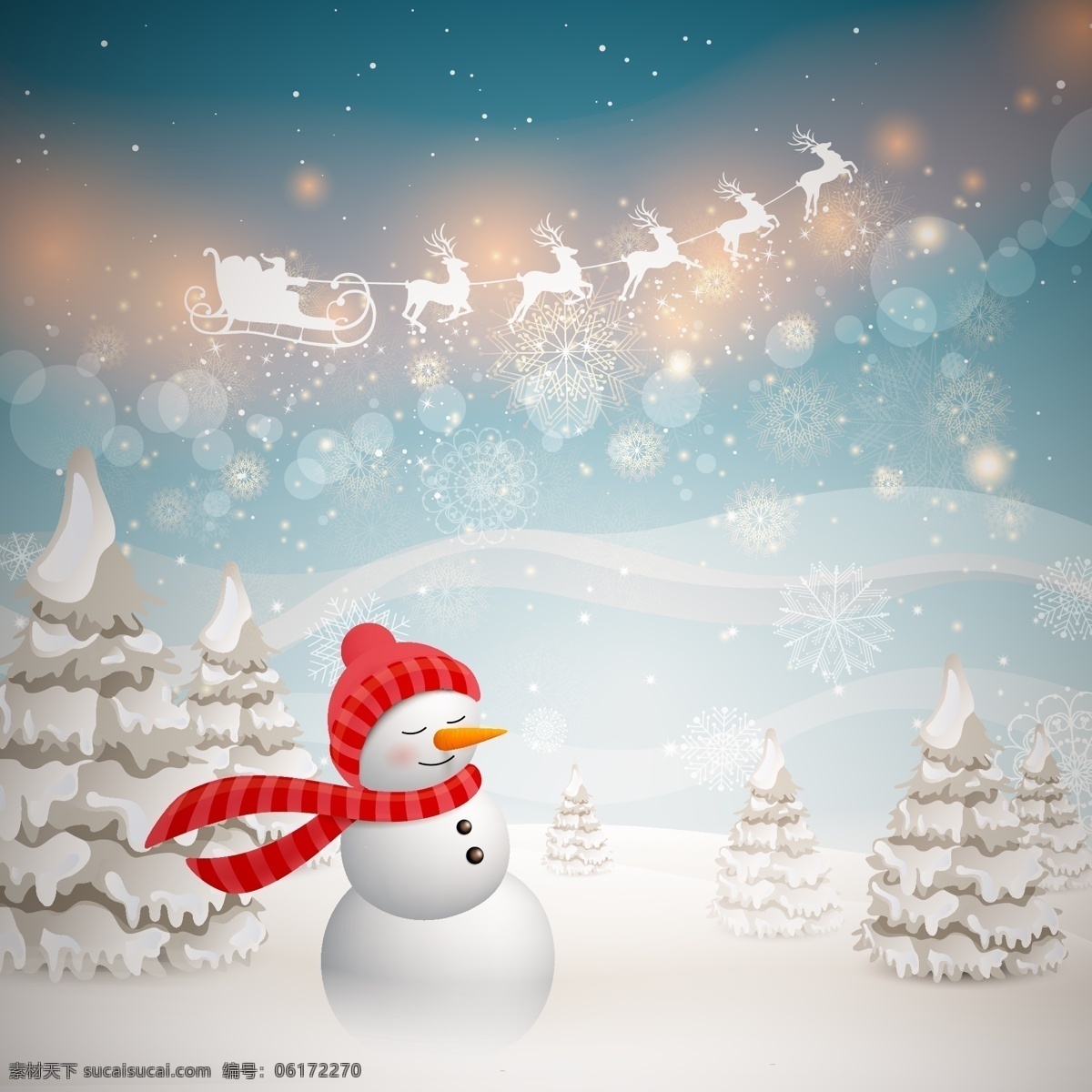 雪地里的雪人 白雪 红围巾 麋鹿 圣诞节 圣诞树 雪人