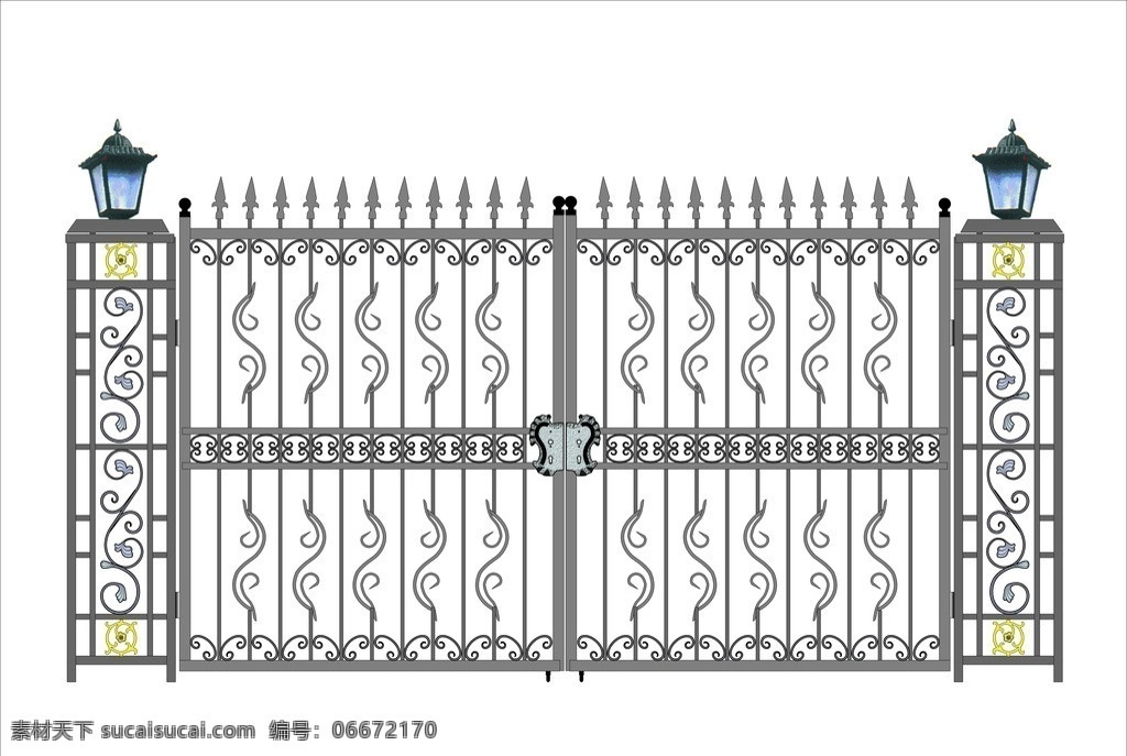 高雅铁艺大门 灰色 黄色花纹 铁艺大门 建筑家居 矢量