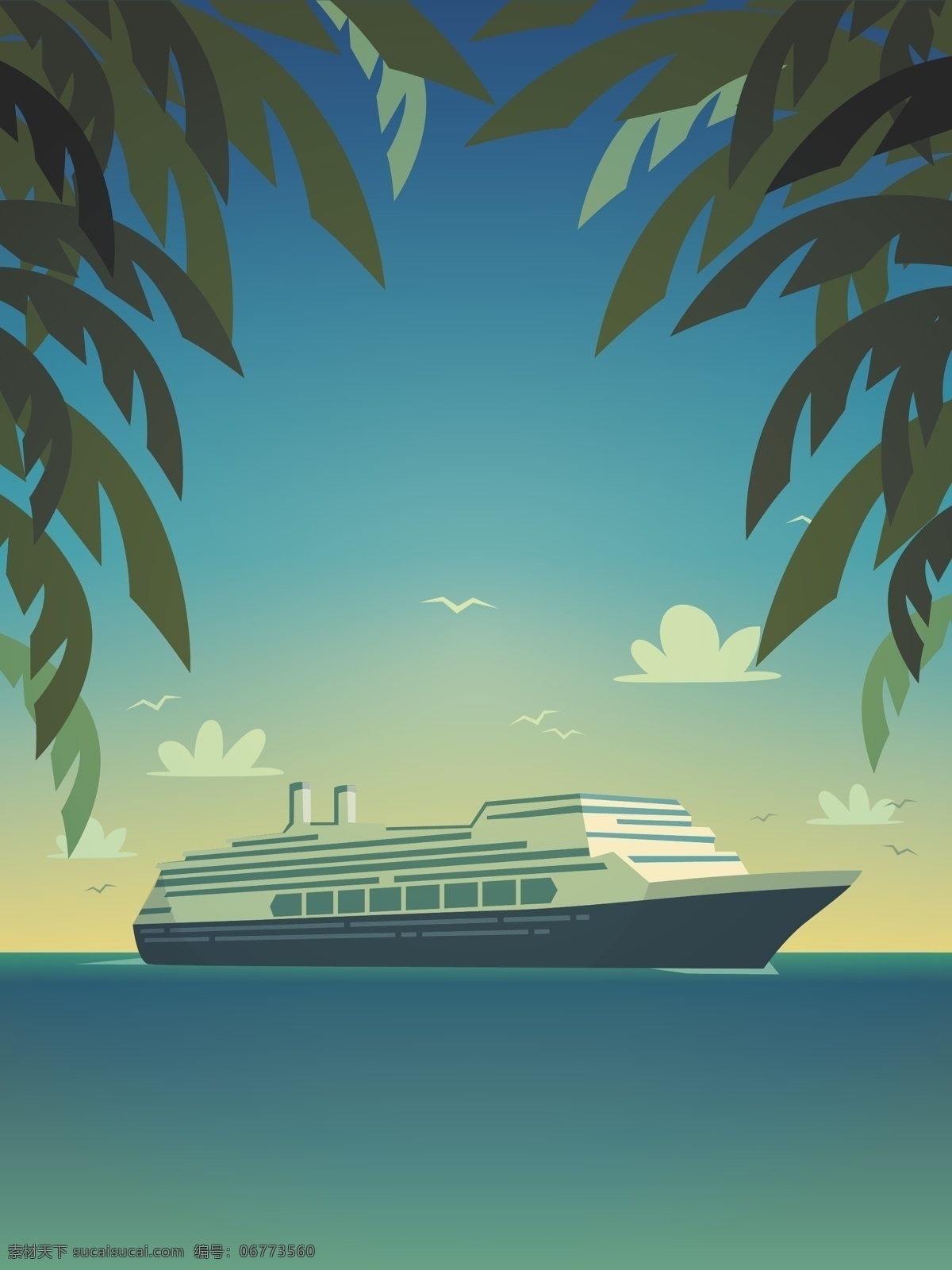 矢量 卡通 海洋 轮船 夏日 度假旅游 背景 度假 蓝色 旅游 绿叶 手绘 童趣