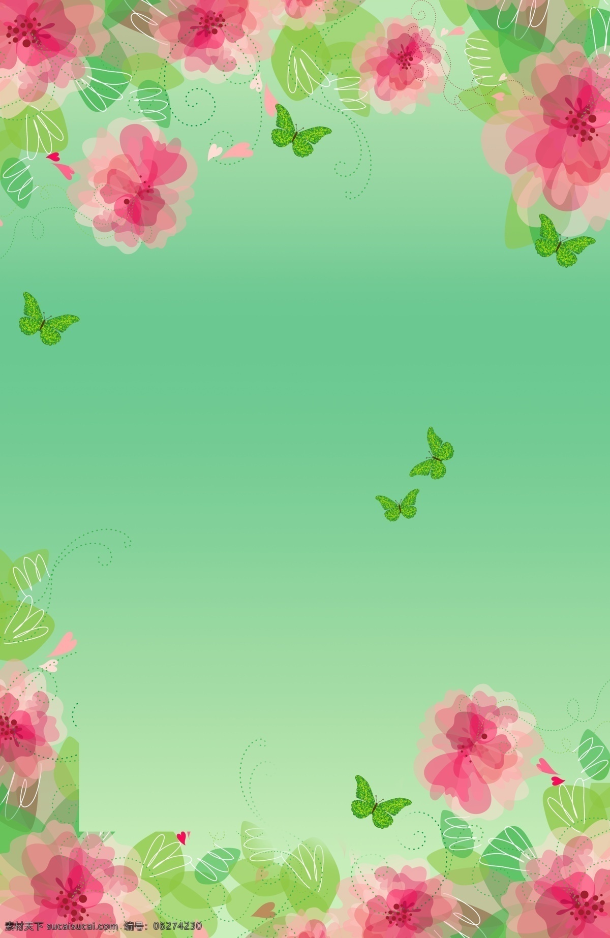 绿色 手绘 鲜花 春意 背景 绿色背景 插画 春色 蝴蝶
