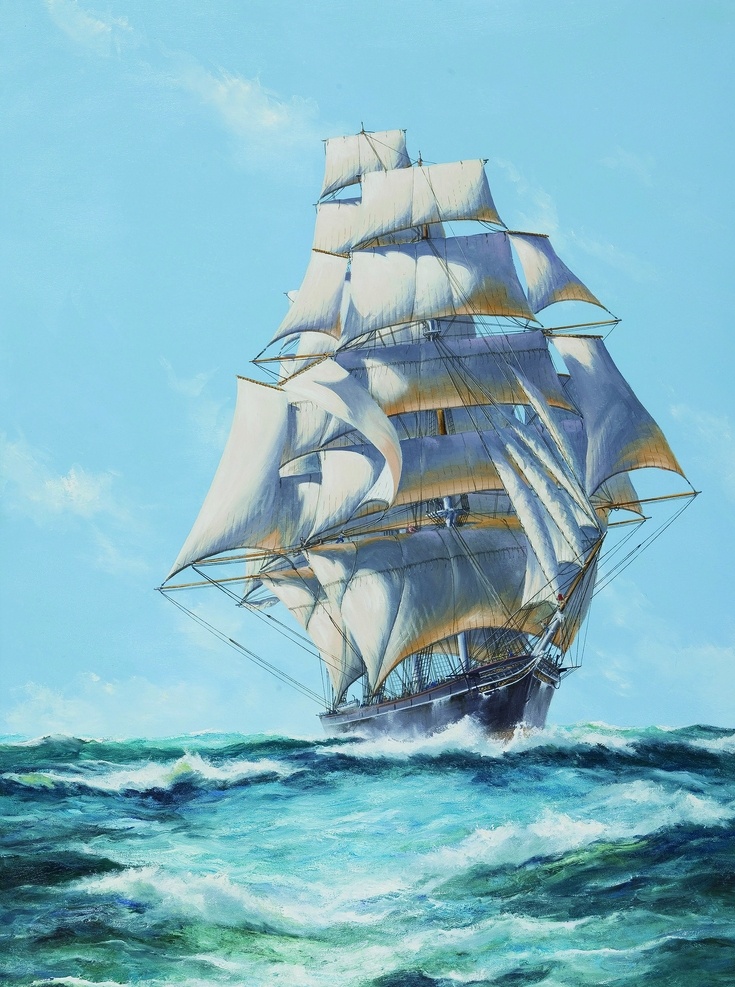 帆船 海船 一帆风顺 起航 乘风破浪 船 金船 装饰画 高清打印 喷绘用 文化艺术 绘画书法