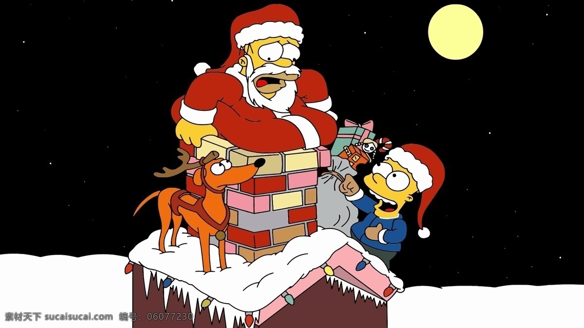 辛普森圣诞装 辛普森一家 辛普森 圣诞节 圣诞 屋顶 雪地 雪景 动画片 动画 漫画 卡通 动漫 彩灯 卡通插画 动漫动画 动漫人物