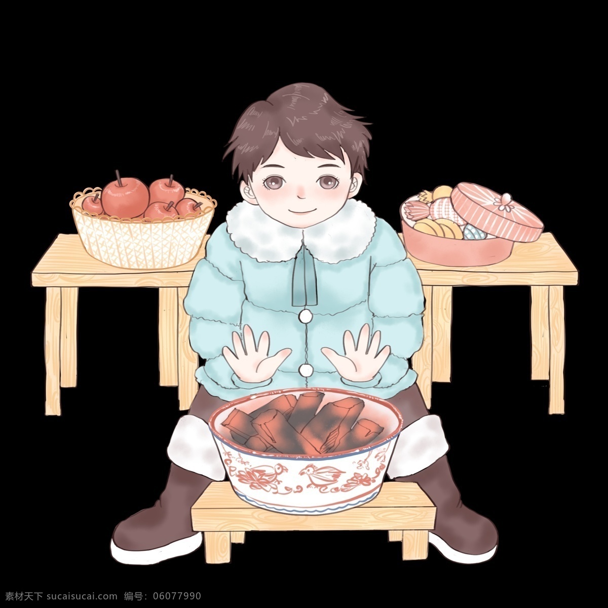 烤火 小 男孩 插画 烤火的小男孩 收回火炉 红色的火炉 红色的苹果 手绘糖果盒 寒冷的冬天