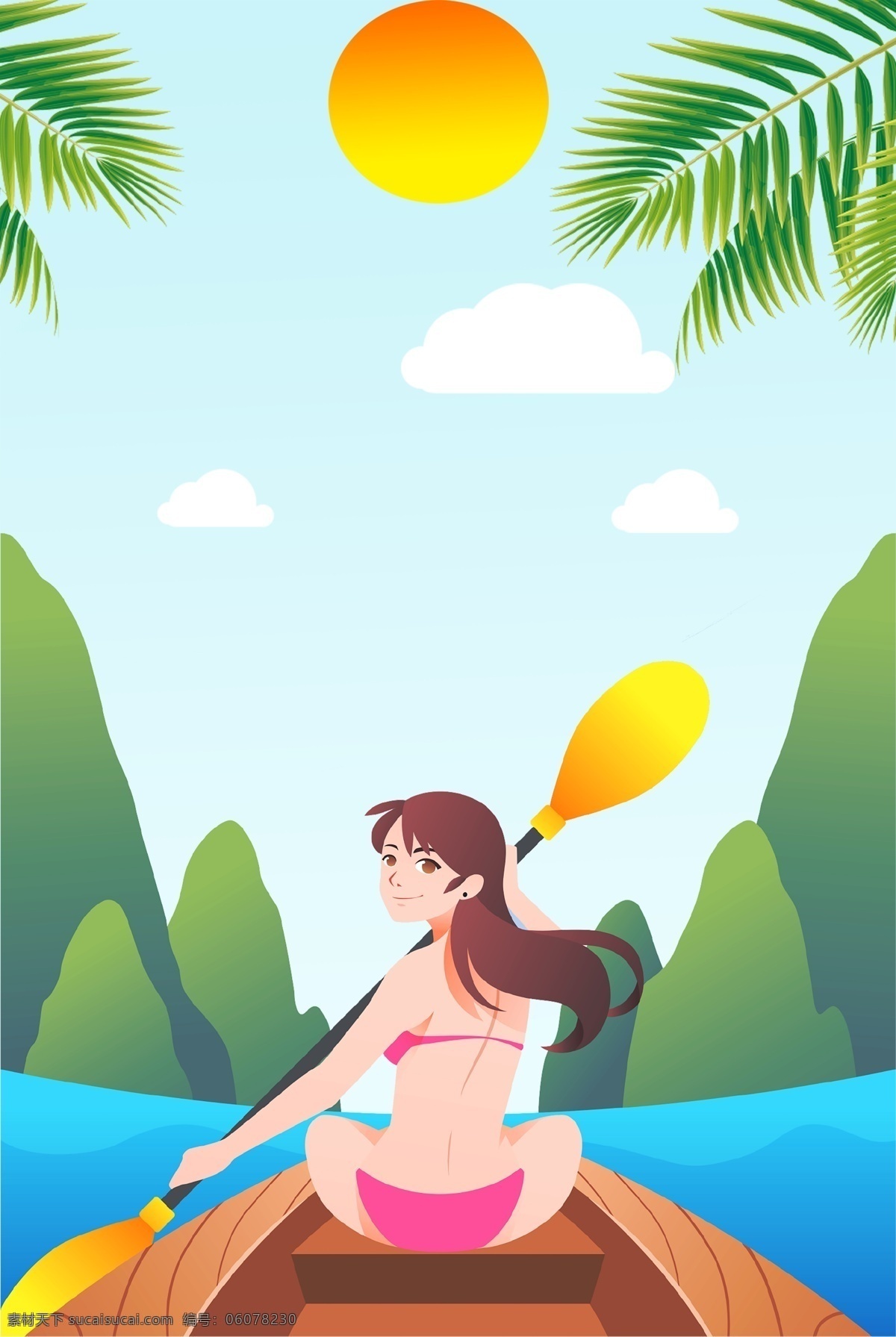 夏季 旅行 划船 女孩 清新 手绘 广告 背景