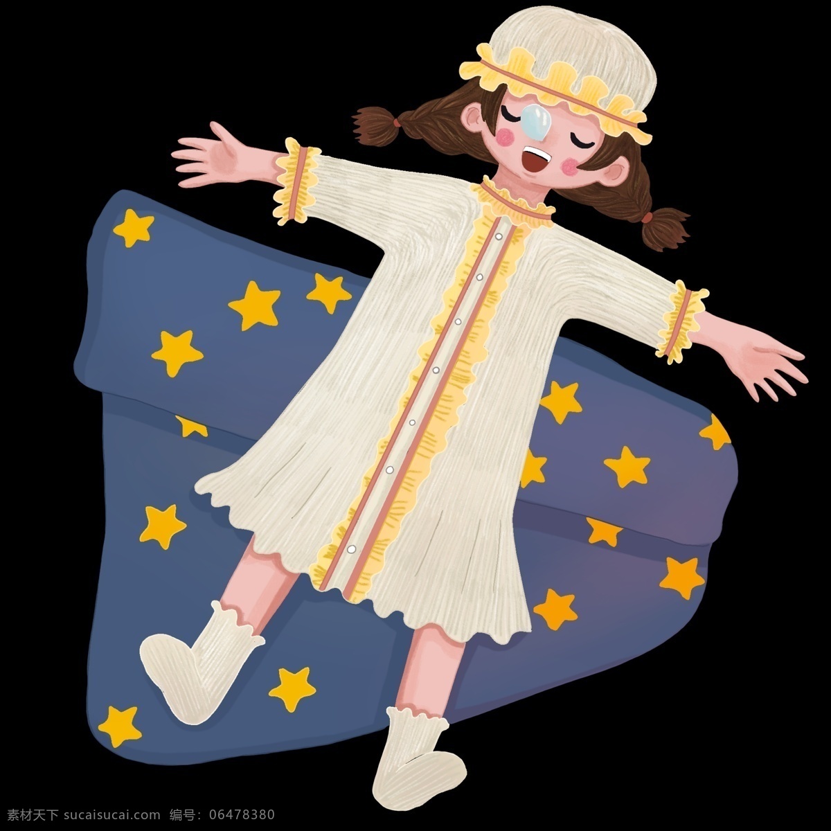 打呼噜 小女孩 插画 世界 睡眠 日 人物 黄色的帽子 星星蓝色被子 卡通人物 流口水