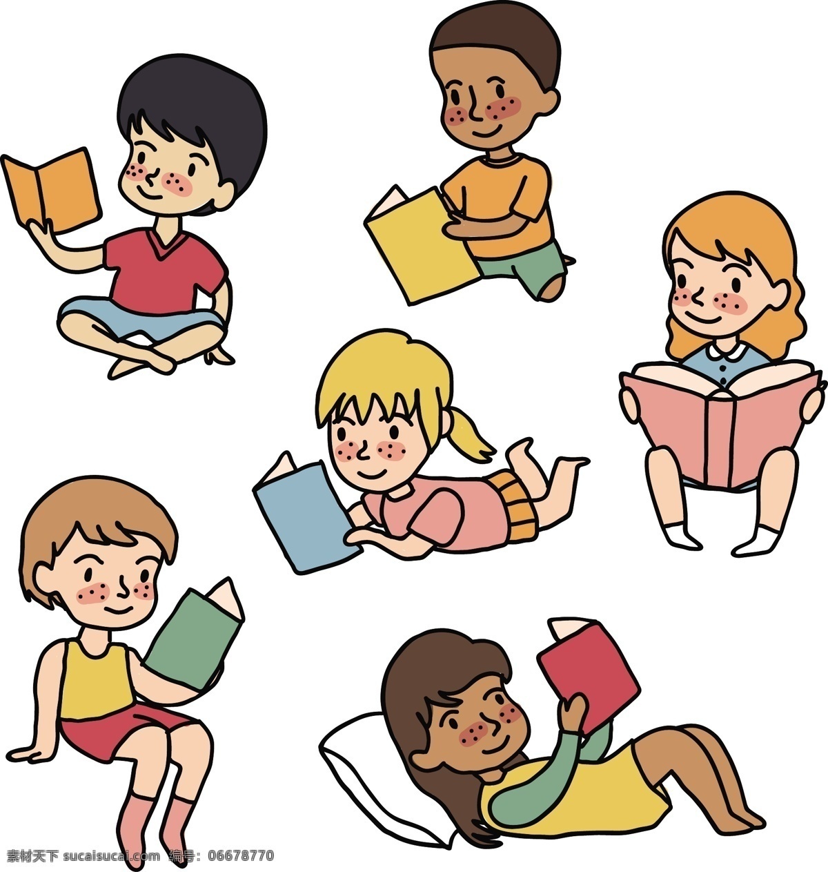 坐着看书 躺着看书 趴着看书 休闲 看书 学生 看书的男孩 女孩 不同 动作 正在