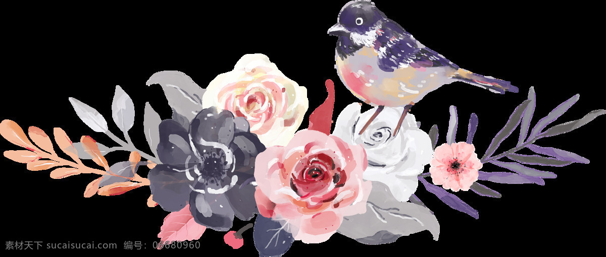 站 鲜花 上 小鸟 透明 粉红色 黑色 花卉 玫瑰花 免扣素材 水彩 透明素材 叶子 装饰图案