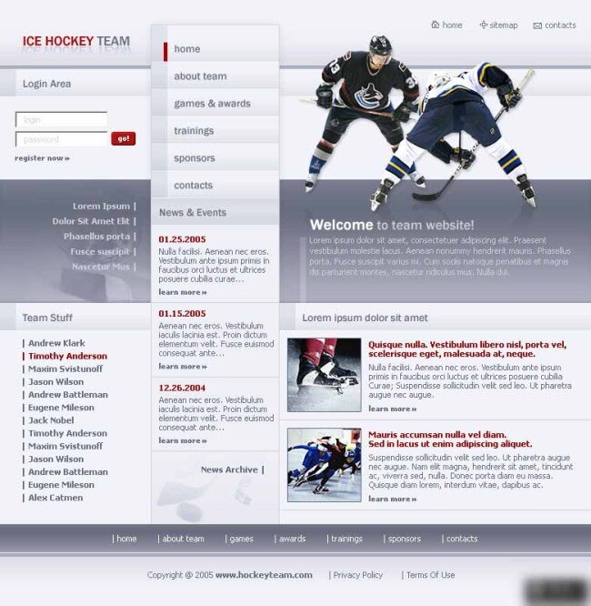 冰球队 俱乐部 网页模板 两个人 欧美风格 灰色色调 网页素材