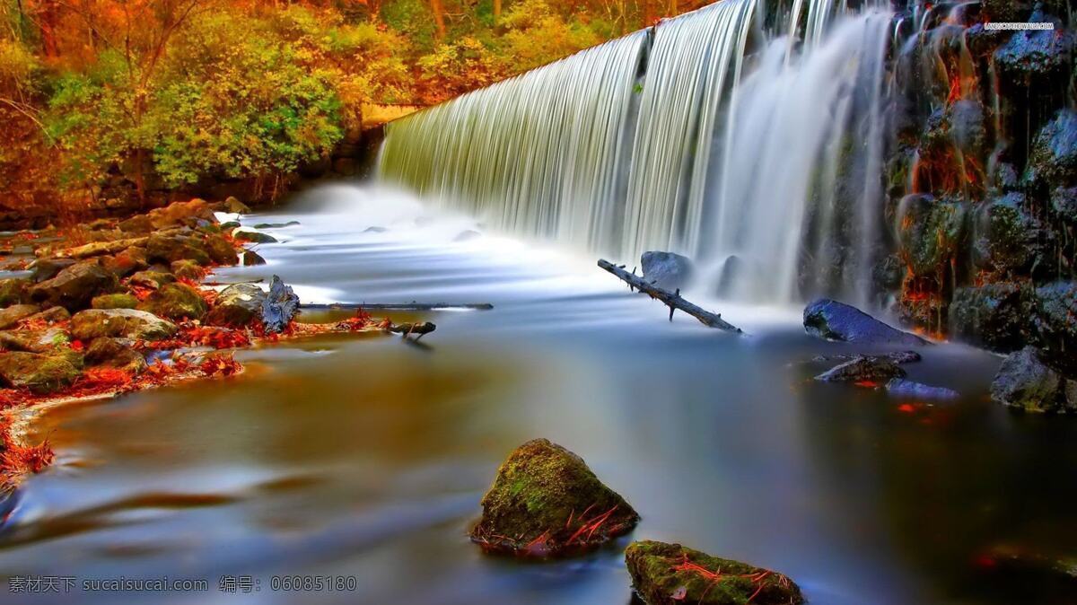 瀑布流水 瀑布 石头 树木 叶子 流水 自然景观 自然风景