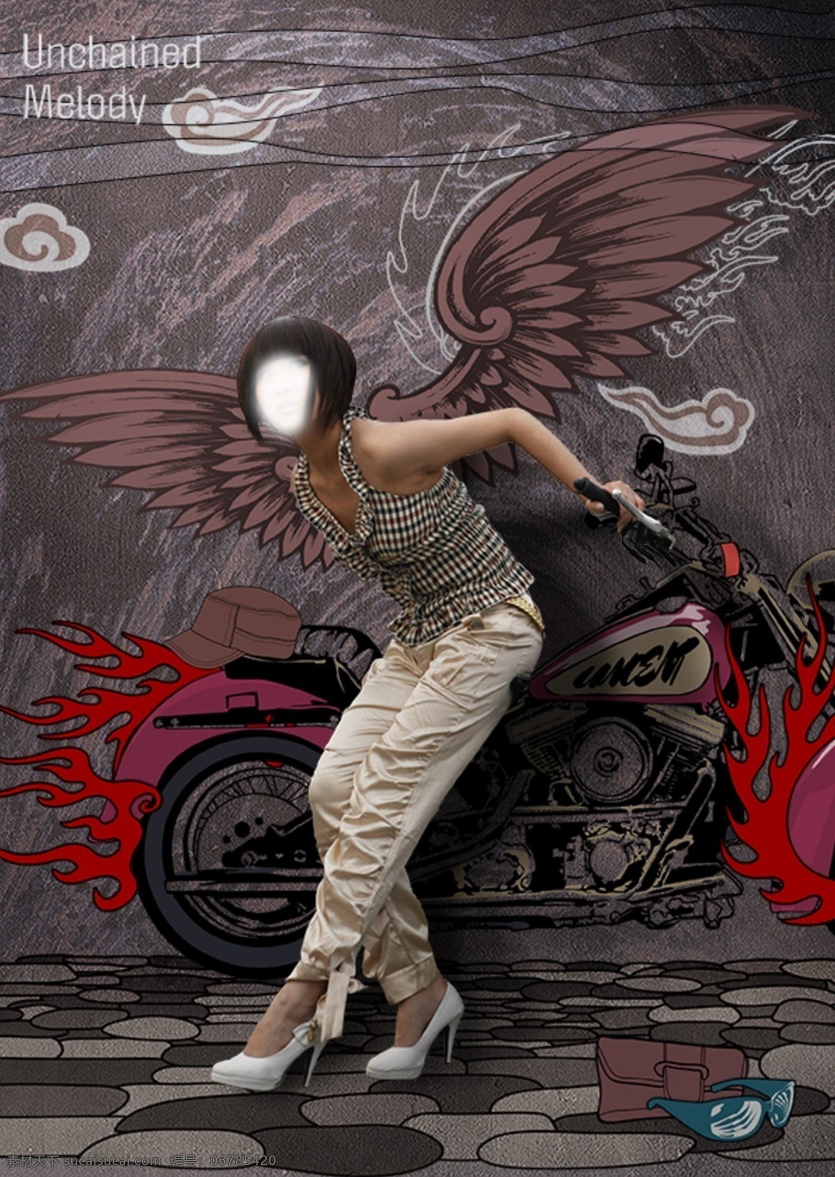 机车 时尚 插画 翅膀 模特 摩托车 手绘风格 风火轮 psd源文件