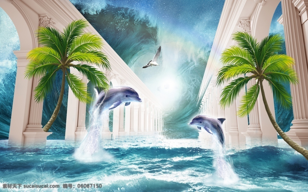 椰树 罗马柱 海豚 3d 背景 墙 海鸥 彩虹 大海 海水 海景 3d罗马柱 鸽子 现代简约背景