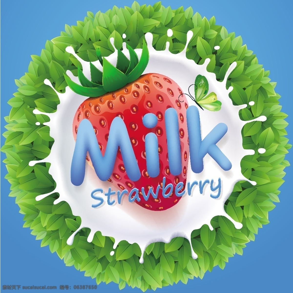 草莓 蝴蝶 牛奶 绿叶 白色 绿色 环保 美食 水果 广告 海报 创意 饮料 乳品 滴溅