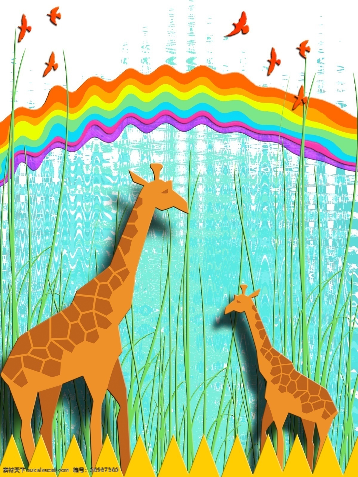 彩虹 剪纸 长颈鹿 客厅 装饰画 儿童画 波浪肌理 一联画 客厅装饰画 剪纸长颈鹿 红色飞鸟