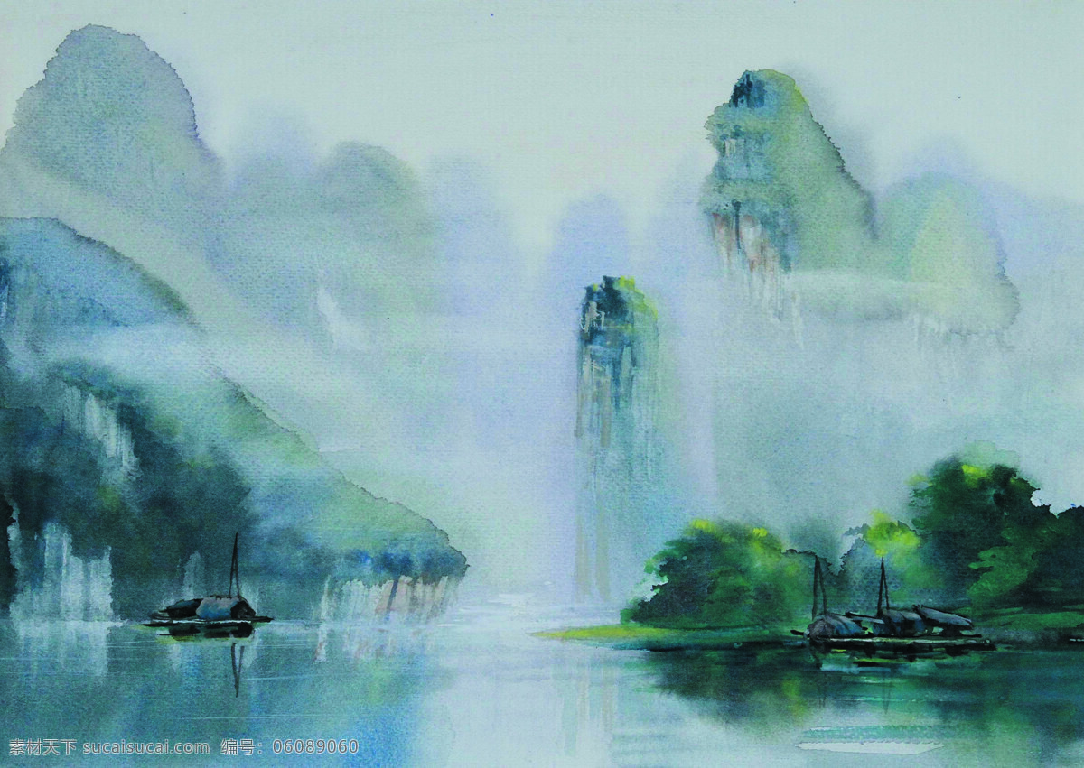 烟雨漓江 美术 水彩画 风景 江水 渔船 山峰 树木 雨雾 作品集 文化艺术 绘画书法