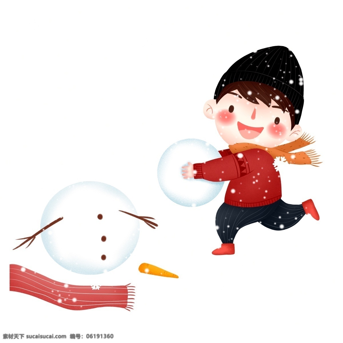 清新 唯美 冬季 大雪 中 堆 雪人 男孩 雪花 插画 人物 手绘 卡通 堆雪人 开心