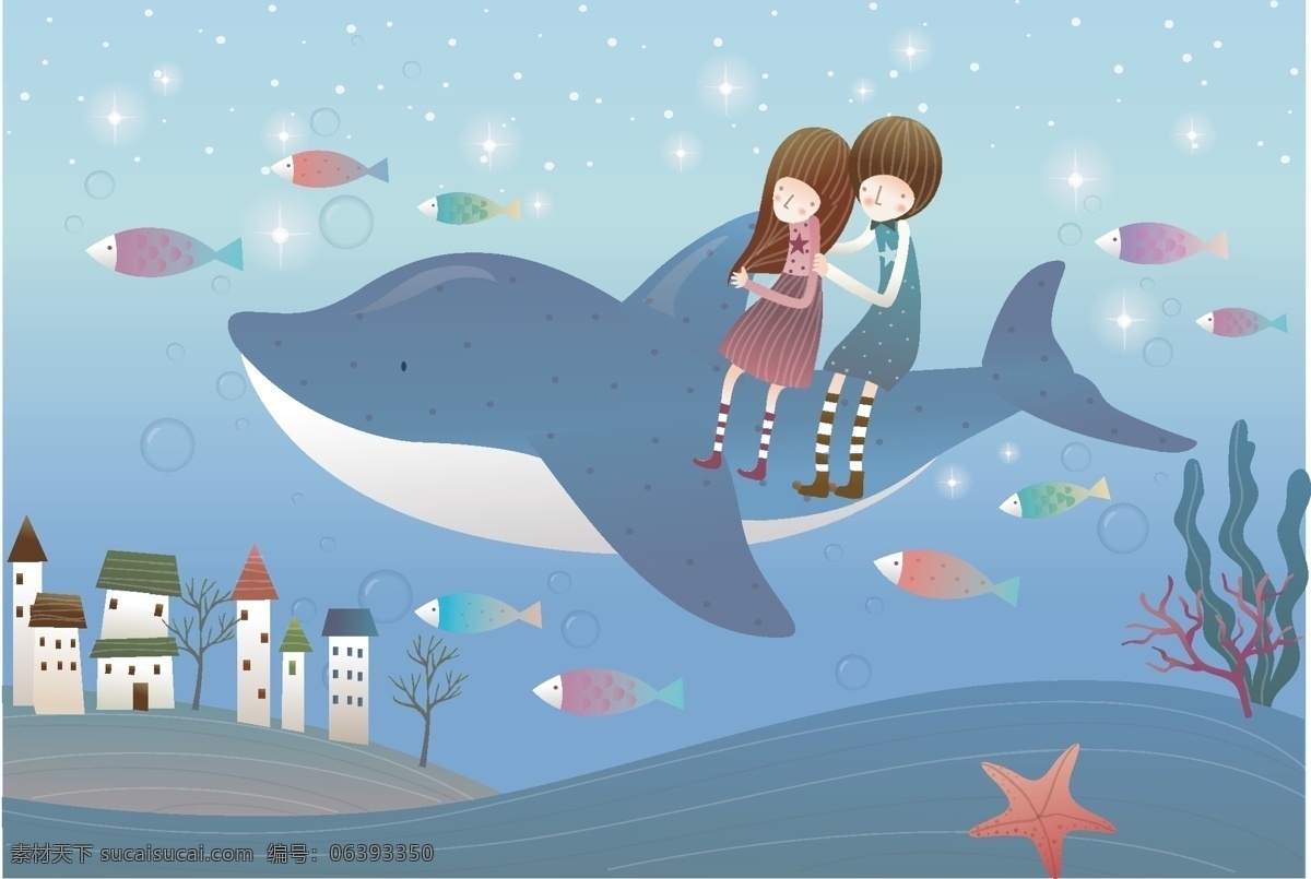 鲨鱼 身上 孩子 水底 卡通人物 卡通插画 卡通动漫 新人情侣 矢量人物 矢量素材 青色 天蓝色