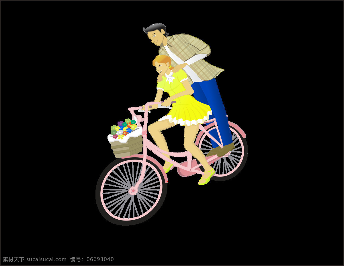 手绘 卡通 情侣 骑车 装饰 自行车 春天 扁平 游玩