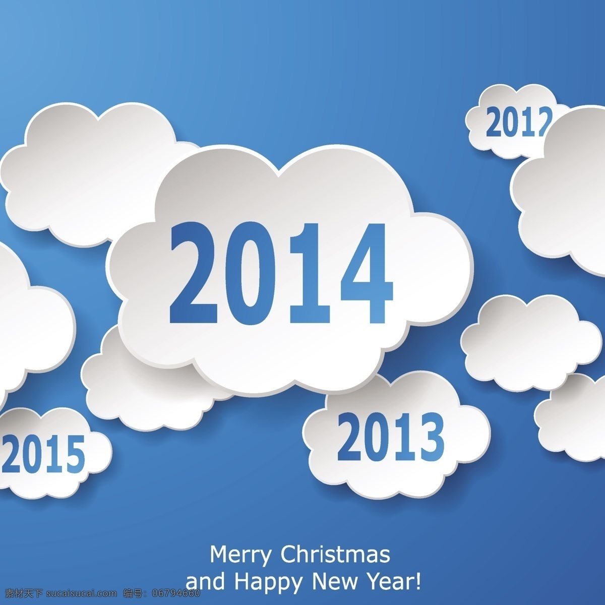 年 分 云朵 2014 新年 快乐 背景 云主题设计 创意云朵设计 蓝天 立体贴纸白云 年份 生活百科 矢量素材 白色