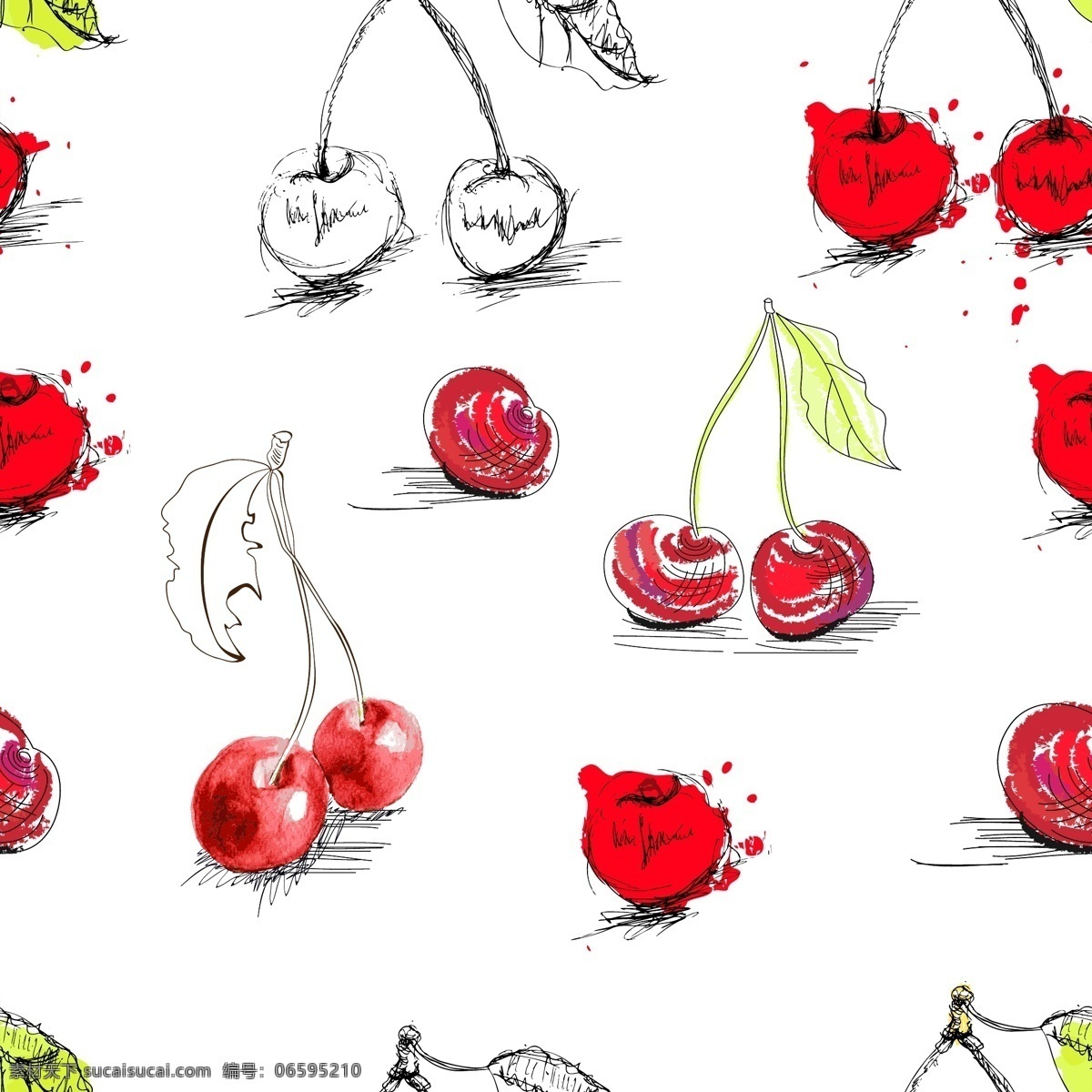 彩绘 水果 插图 矢量 草莓 喷溅墨迹 葡萄 水果插图 线描 叶子 樱桃 桑葚 水果手稿